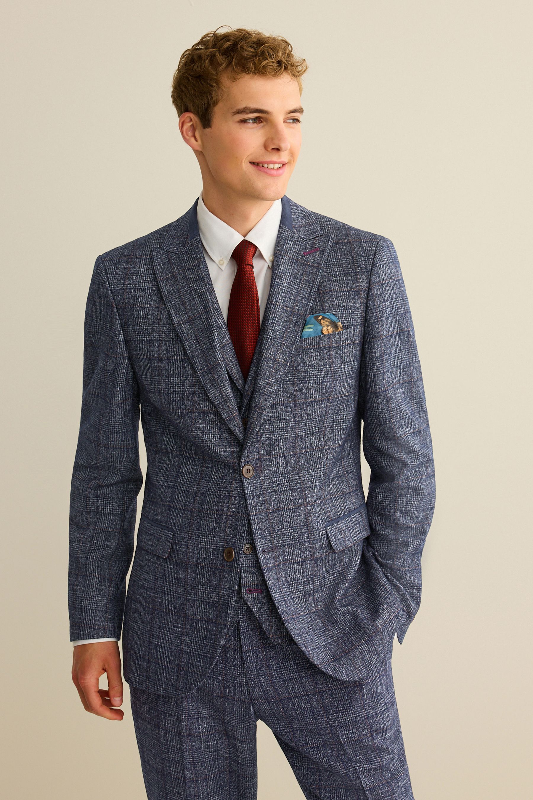 Navy Blue Slim Fit Trimmed Check Suit Jacket