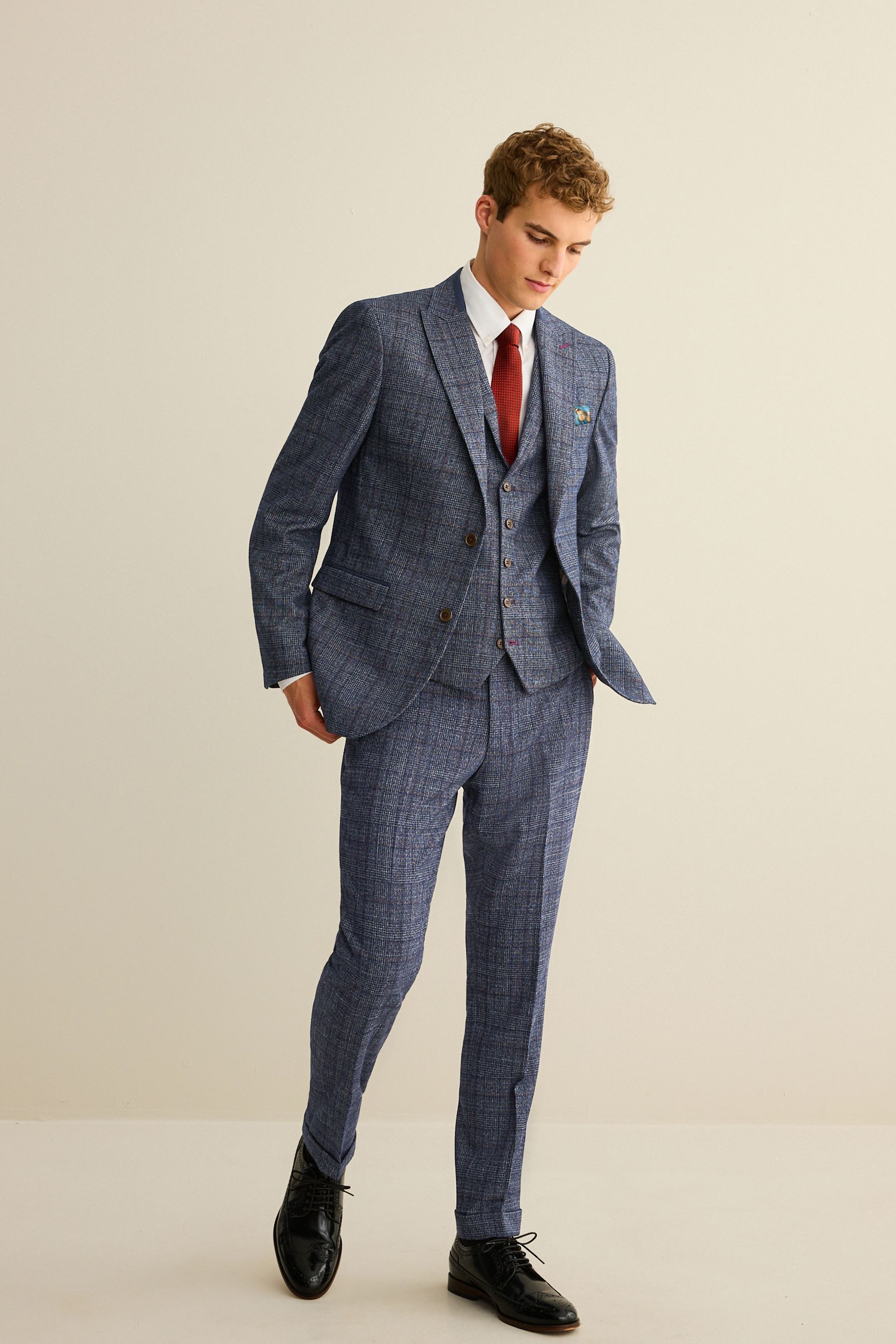 Navy Blue Slim Fit Trimmed Check Suit Jacket