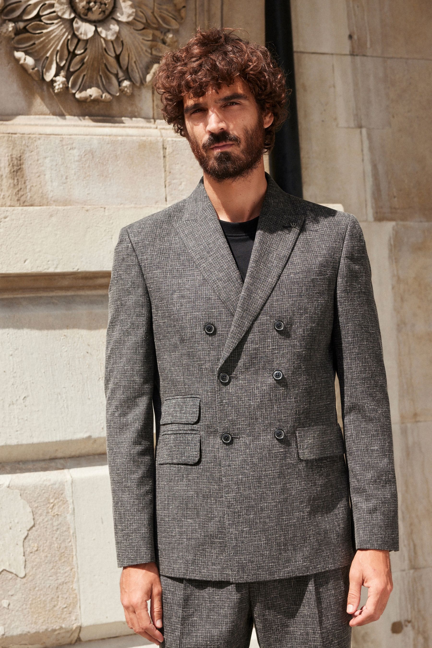 Charcoal Grey Double Breasted Textured Suit Jacket