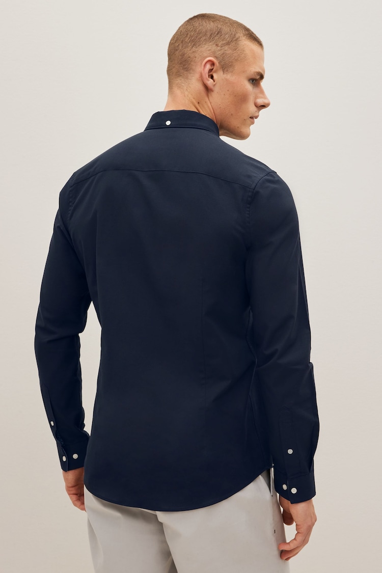 Navy Blue Slim Fit Stretch Oxford Long Sleeve Shirt - Image 2 of 6