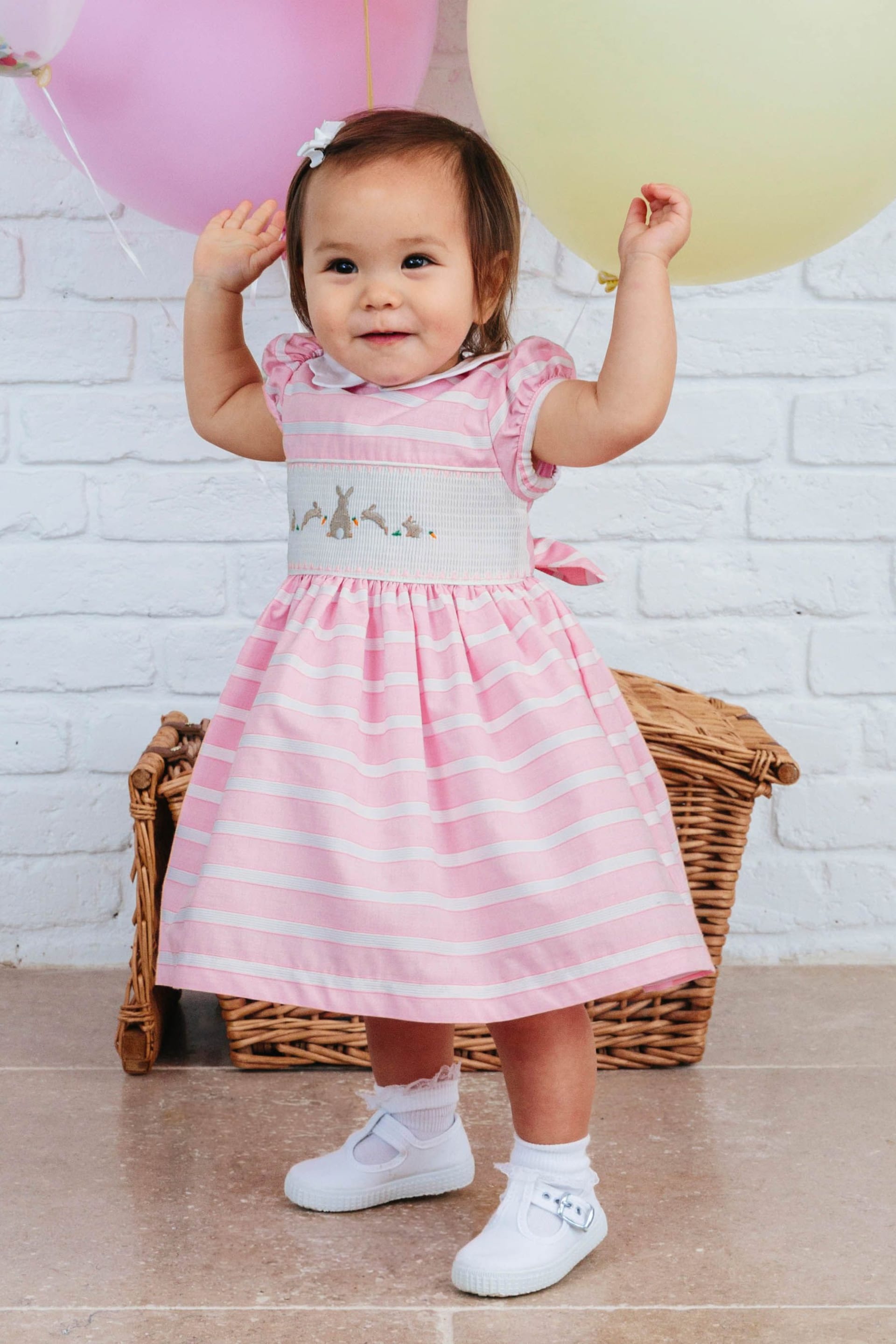 Trotters London Little Pink Bunny Striped Smocked Dress - Image 1 of 5