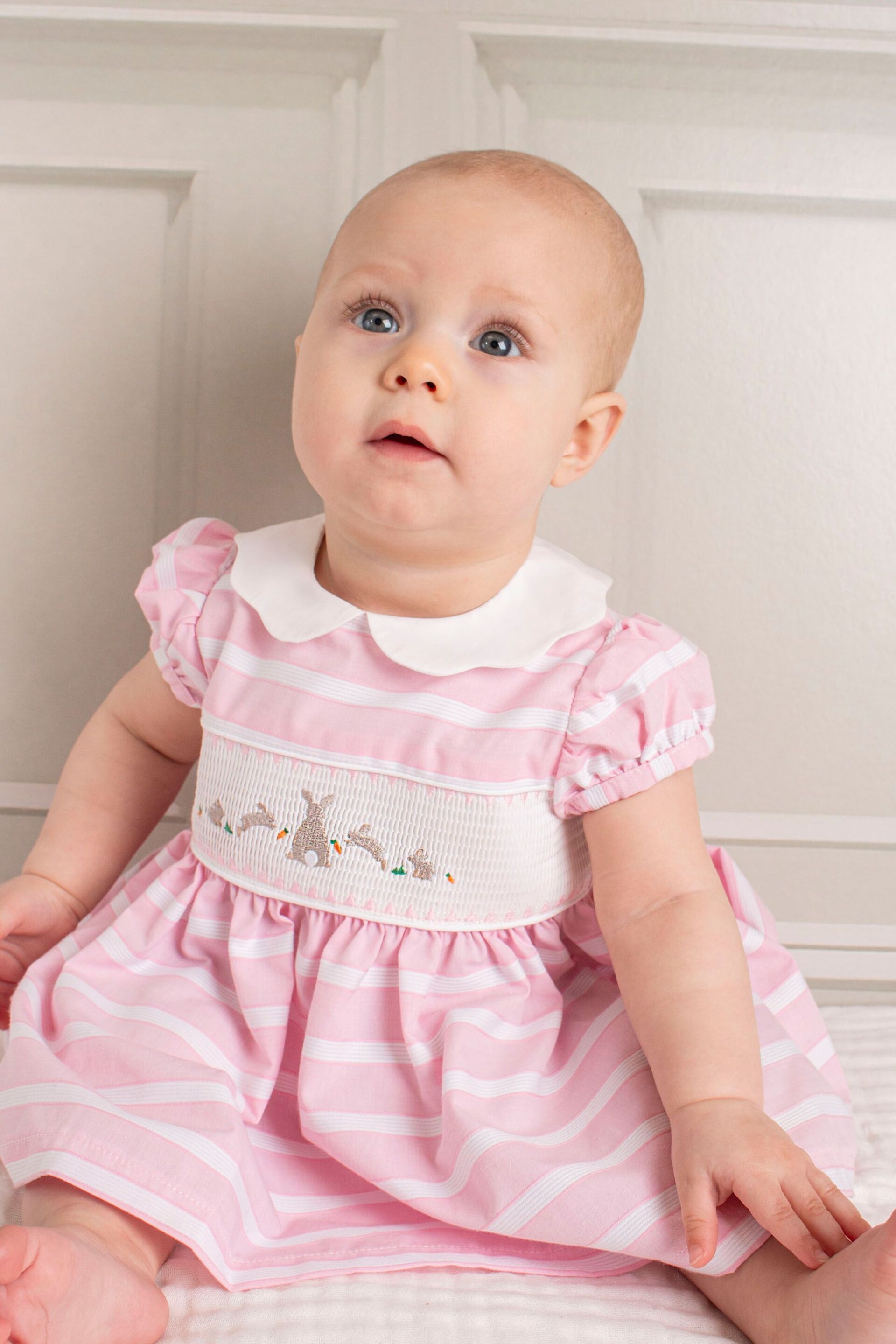 Trotters London Little Pink Bunny Striped Smocked Dress - Image 2 of 5