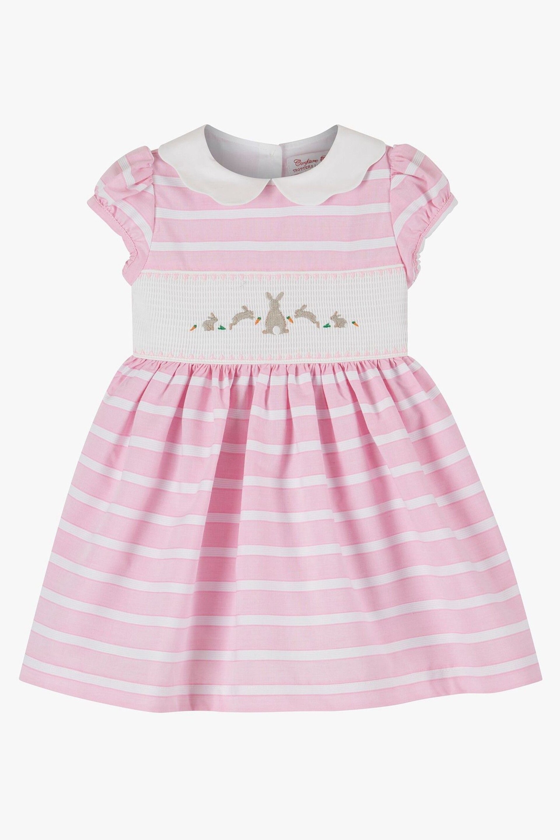 Trotters London Little Pink Bunny Striped Smocked Dress - Image 3 of 5