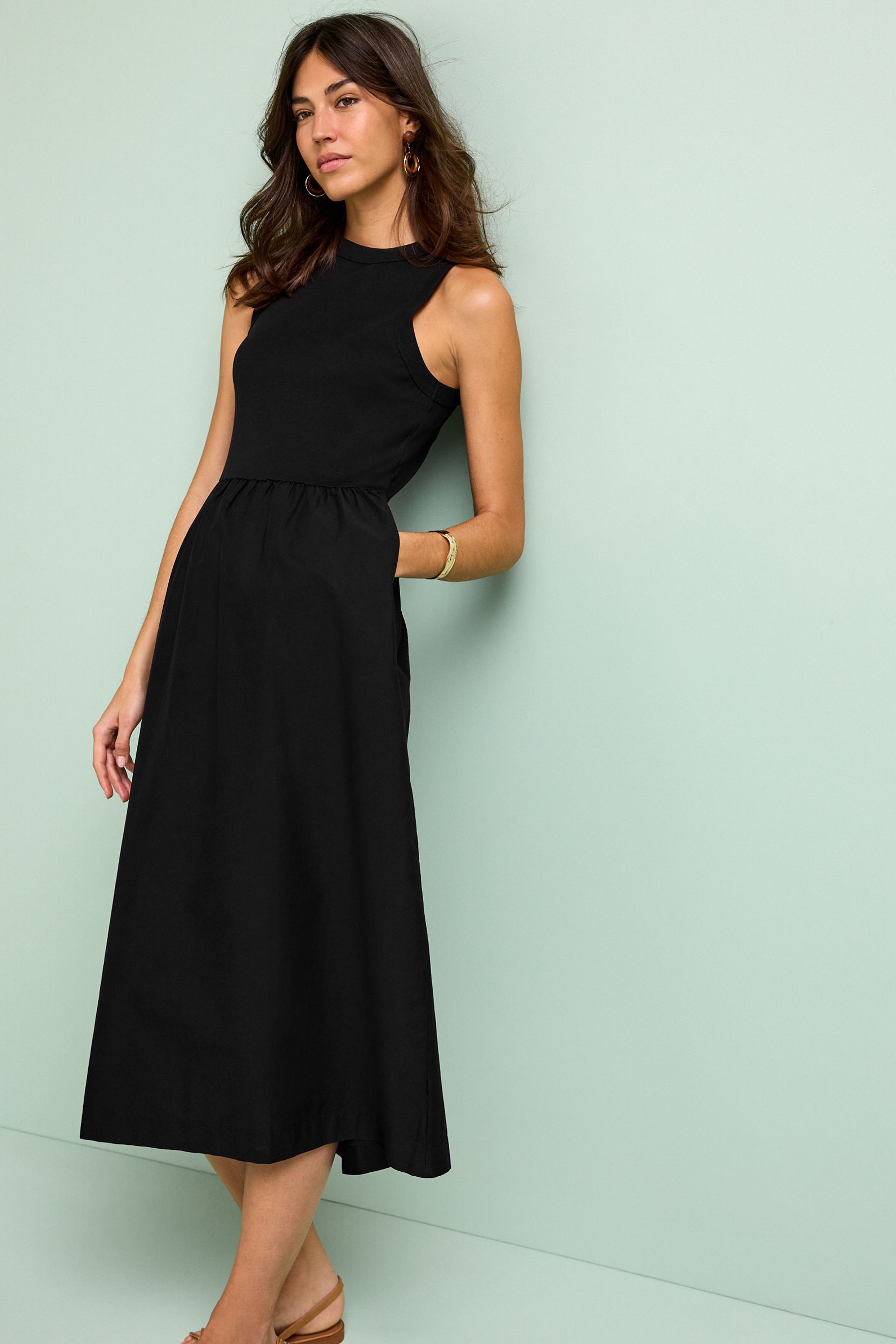 Buy Black Ribbed Sleeveless Vest Poplin Mix Midi Cotton Blend Dress from Next Luxembourg