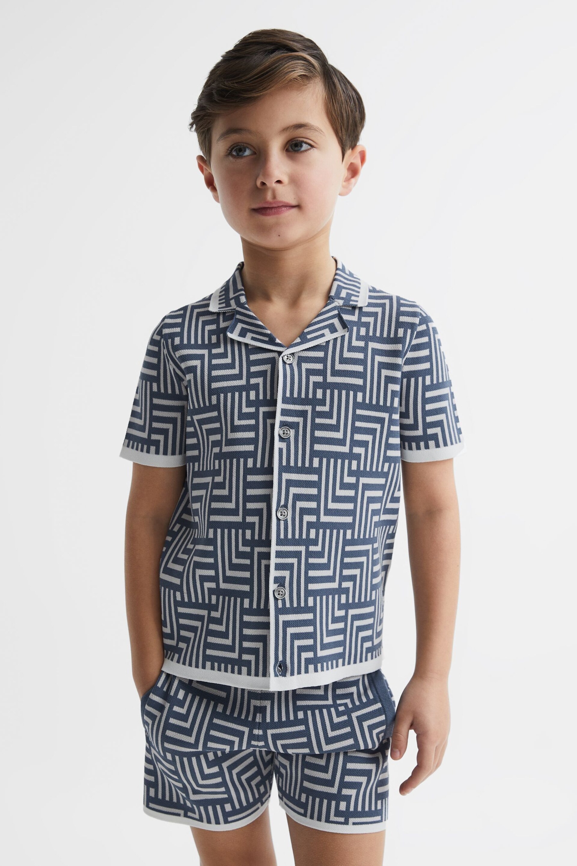 Reiss Airforce Blue Milo Junior Abstract Printed Cuban Collar Shirt - Image 1 of 6