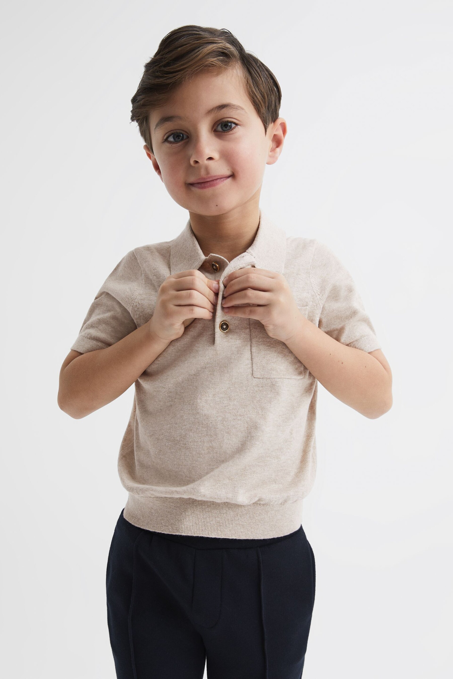 Reiss Oatmeal Ralphy Junior Buttoned Linen Polo - Image 3 of 6