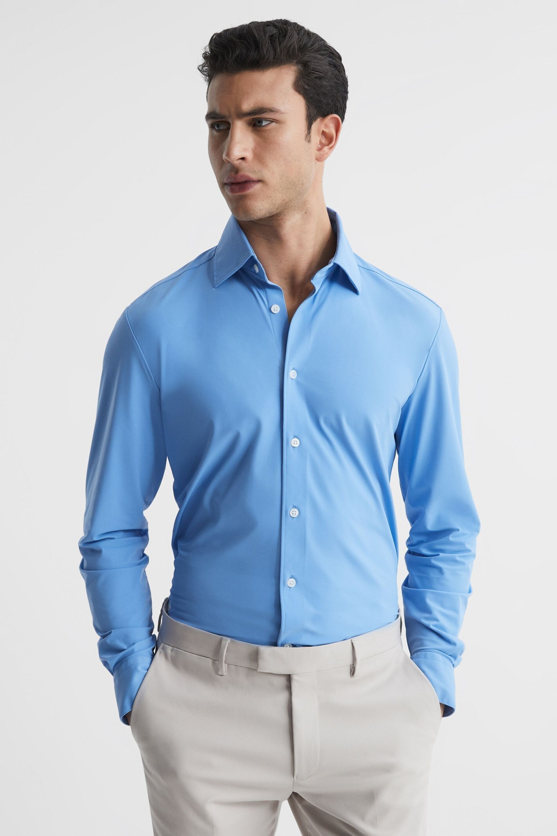 Reiss Soft Blue Voyager Slim Fit Button-Through Travel Shirt - Image 1 of 6