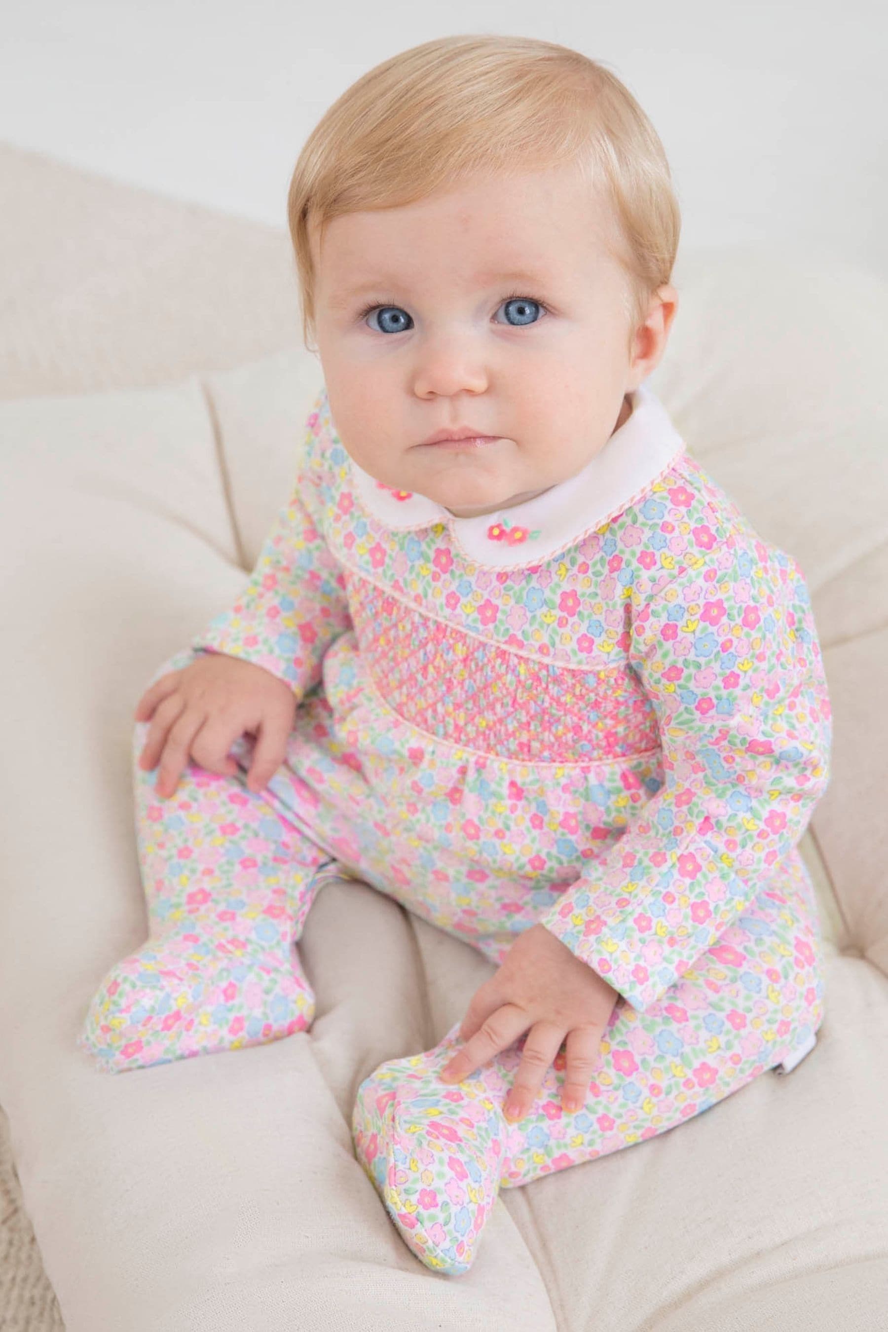 Buy JoJo Maman Bebe Pink Ditsy Smocked Cotton Baby Sleepsuit from the Next UK online shop