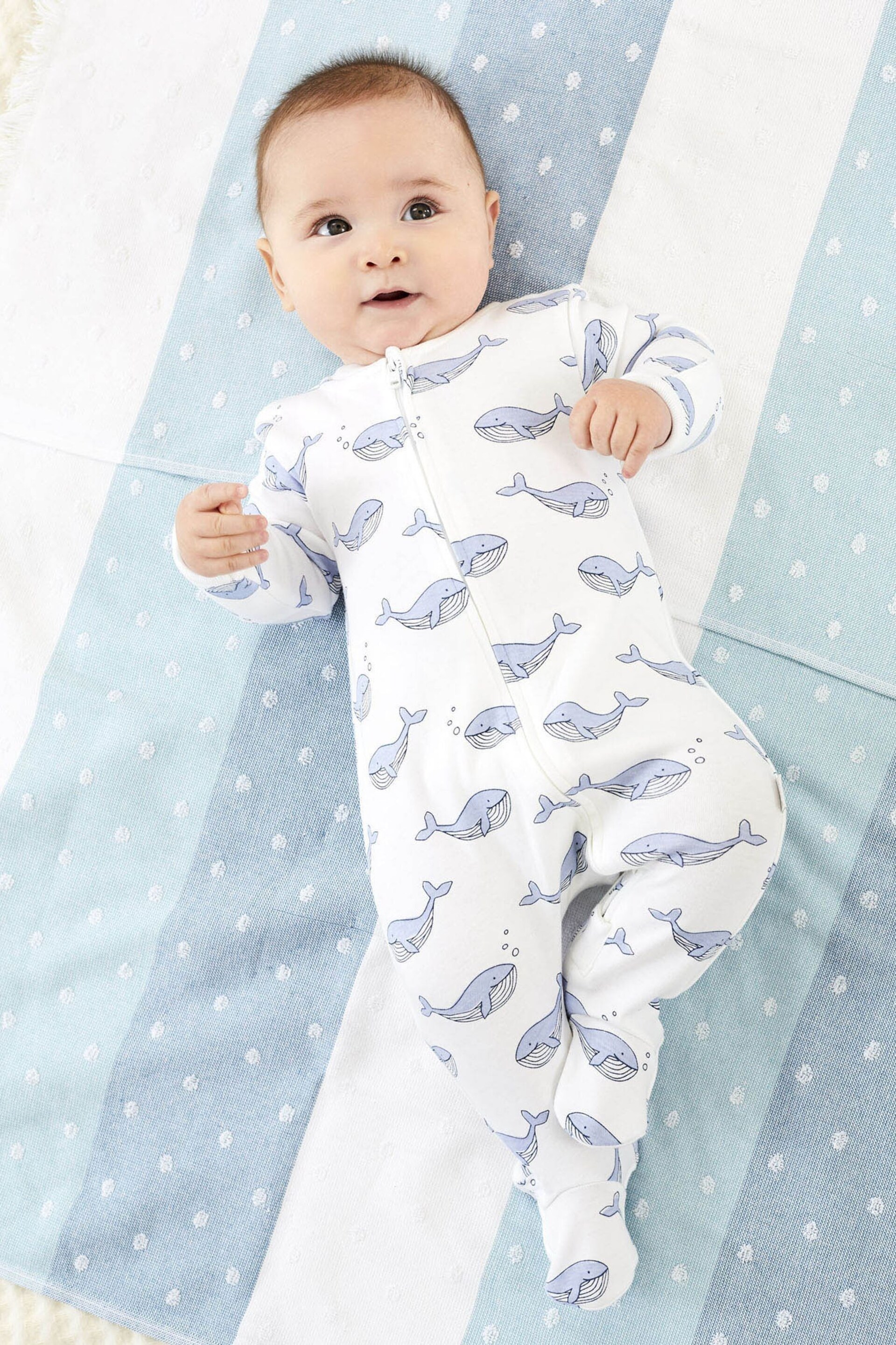 JoJo Maman Bébé Blue Whale Print Zip Cotton Baby Sleepsuit - Image 1 of 3