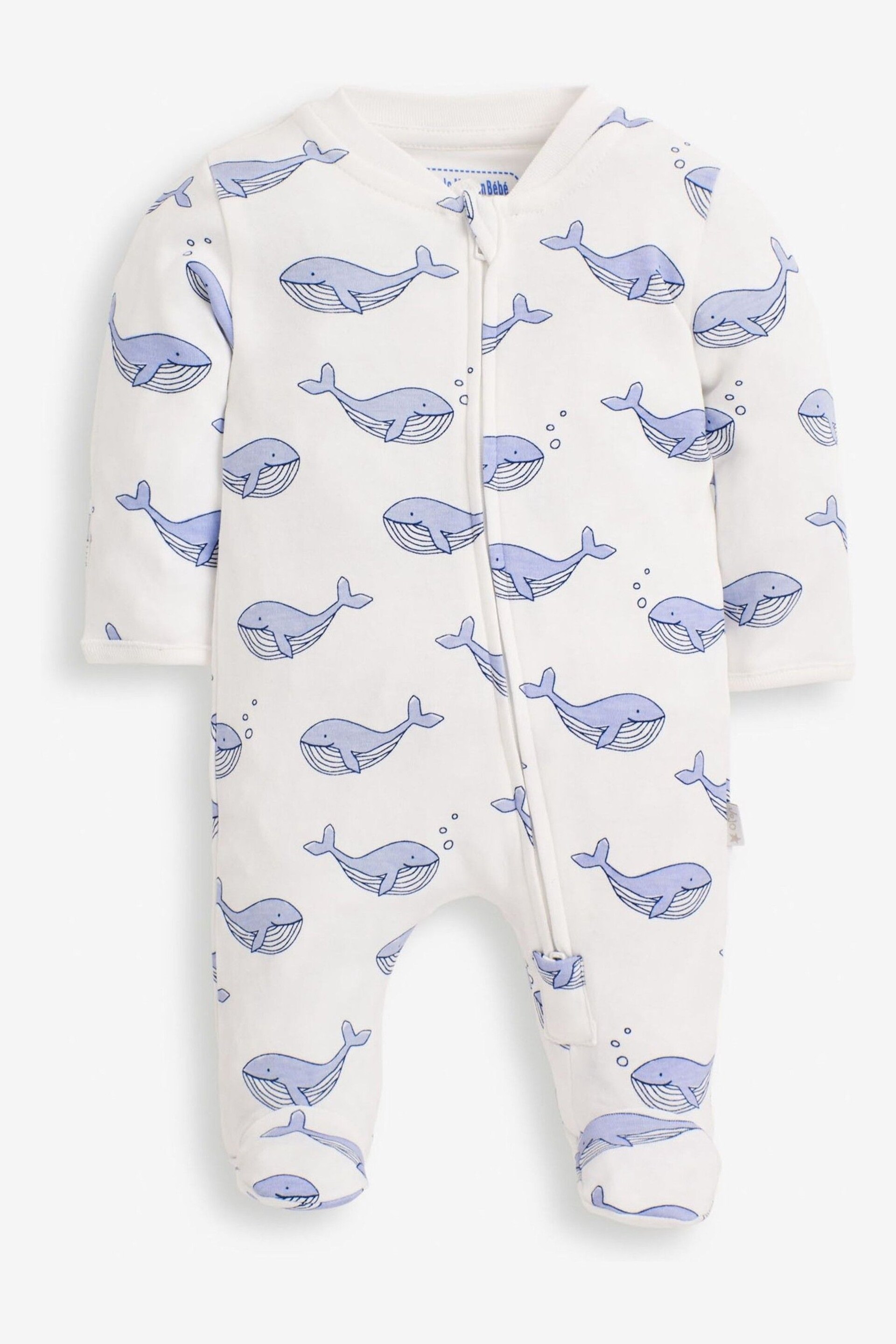 JoJo Maman Bébé Blue Whale Print Zip Cotton Baby Sleepsuit - Image 2 of 3