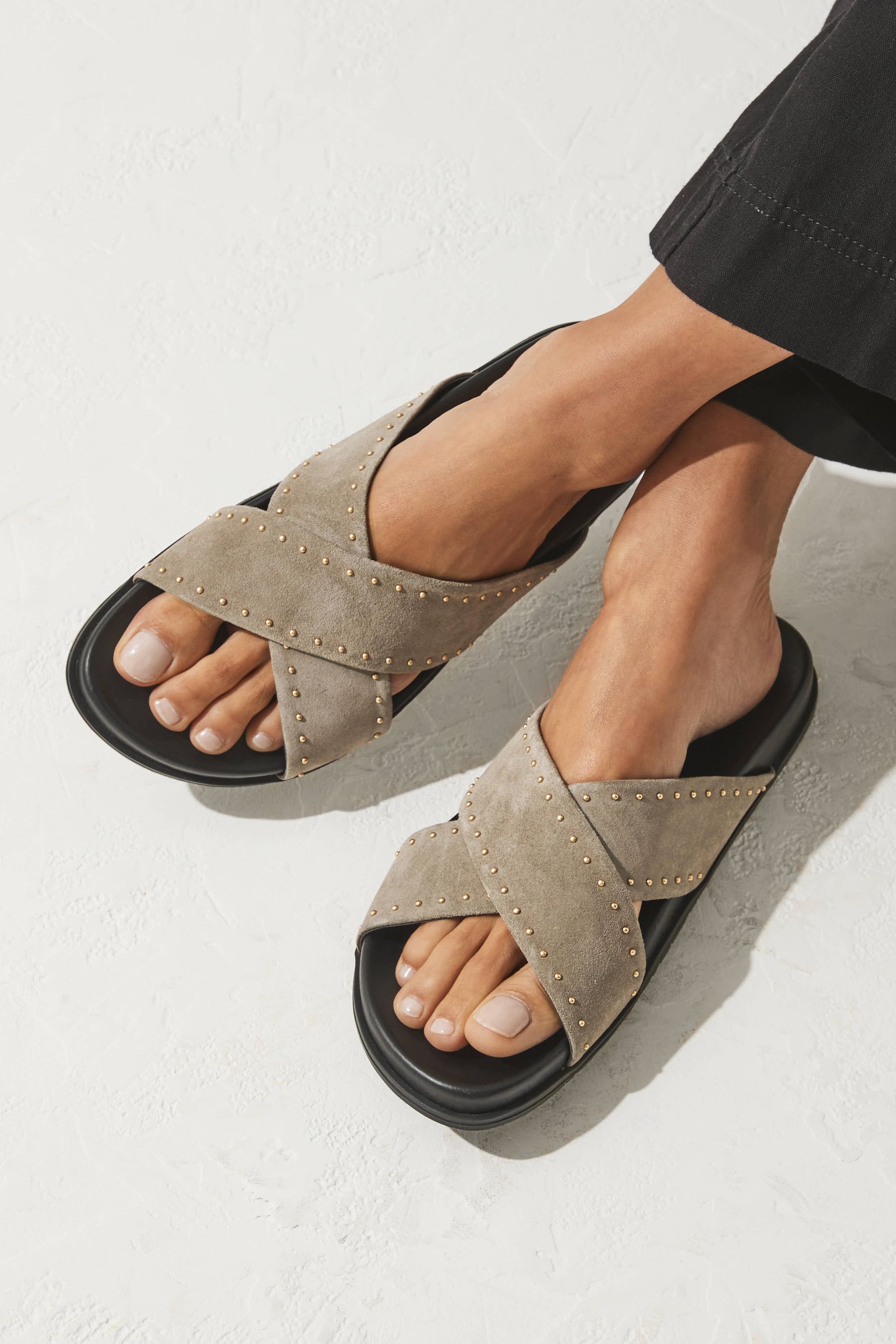 Buy Khaki Camo Leather Flat Footbed Sandals with Stud Detailing from Next Luxembourg