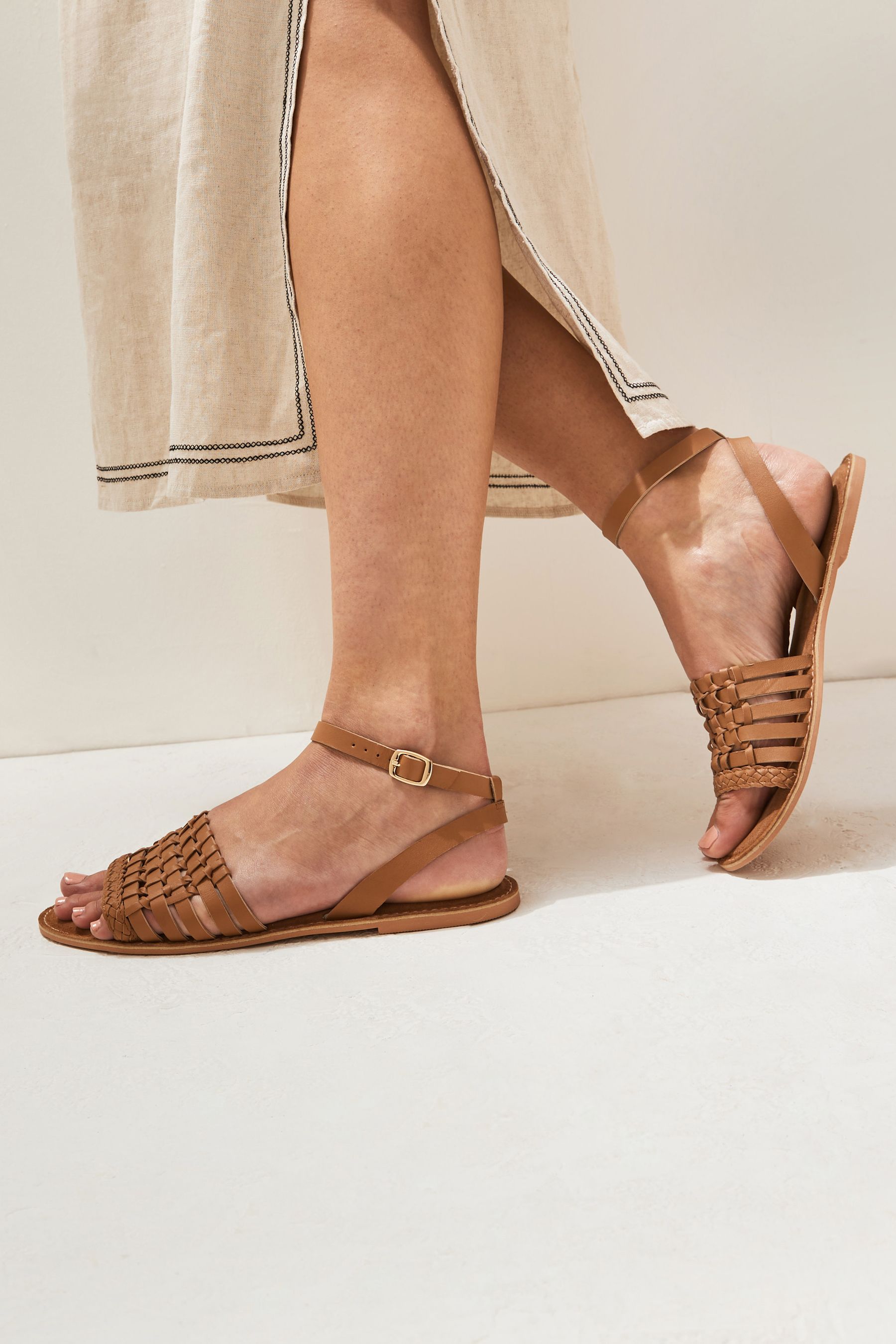 Buy Tan Brown Extra Wide Fit Forever Comfort Leather Woven Flat Sandals from Next Netherlands