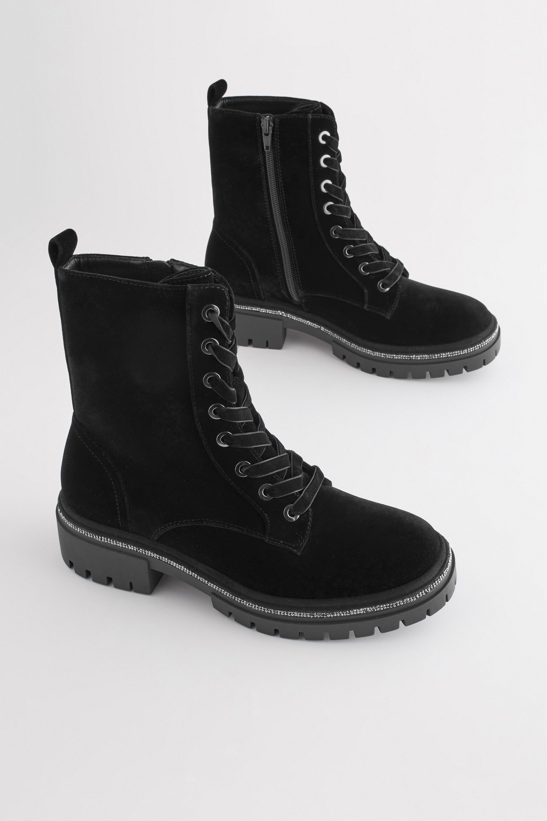 Buy Black Velvet Forever Comfort Diamante Rand Lace Up Boots from Next Austria