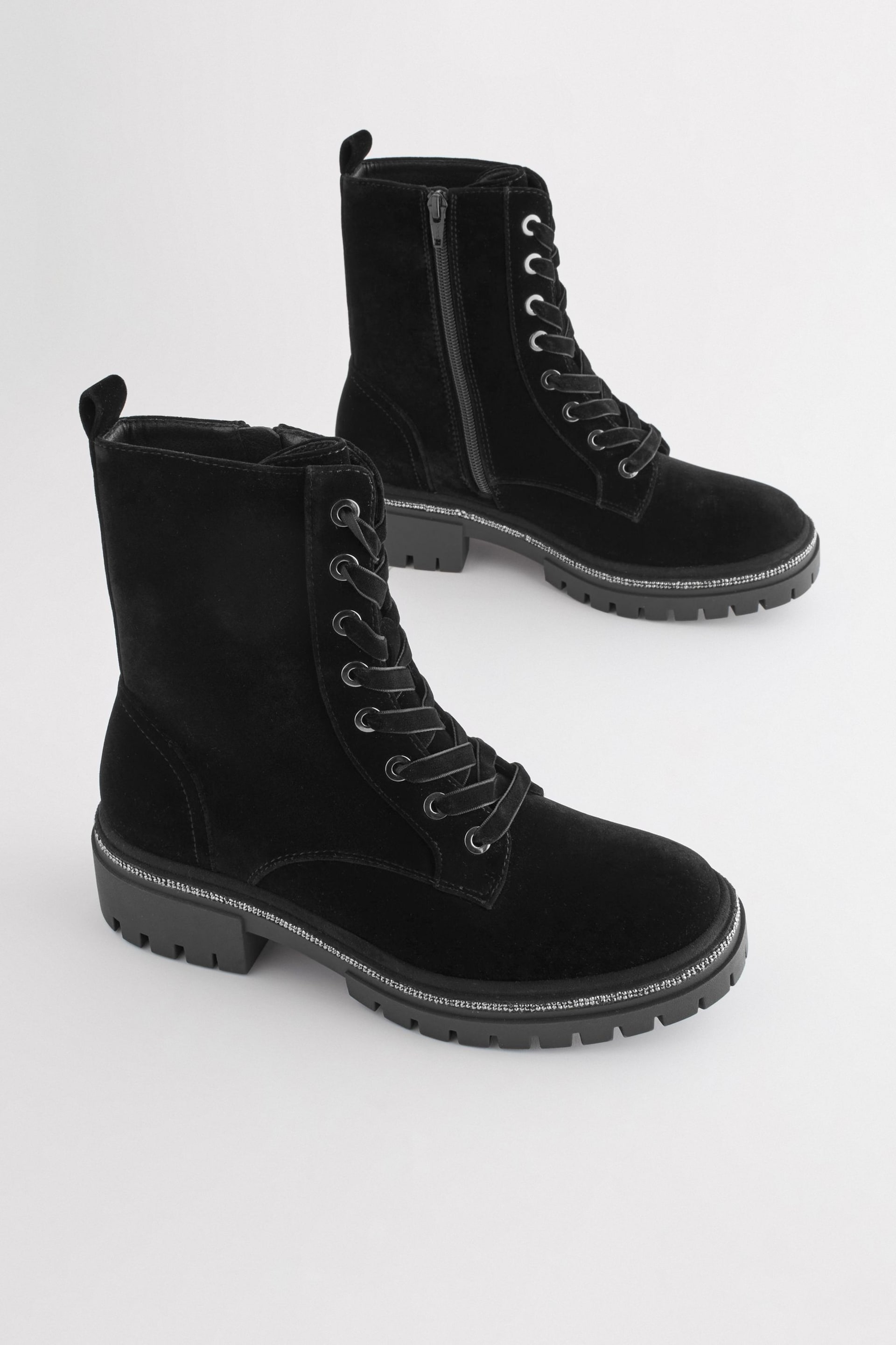 Black Velvet Forever Comfort® Diamanté Rand Lace-Up Boots - Image 1 of 6