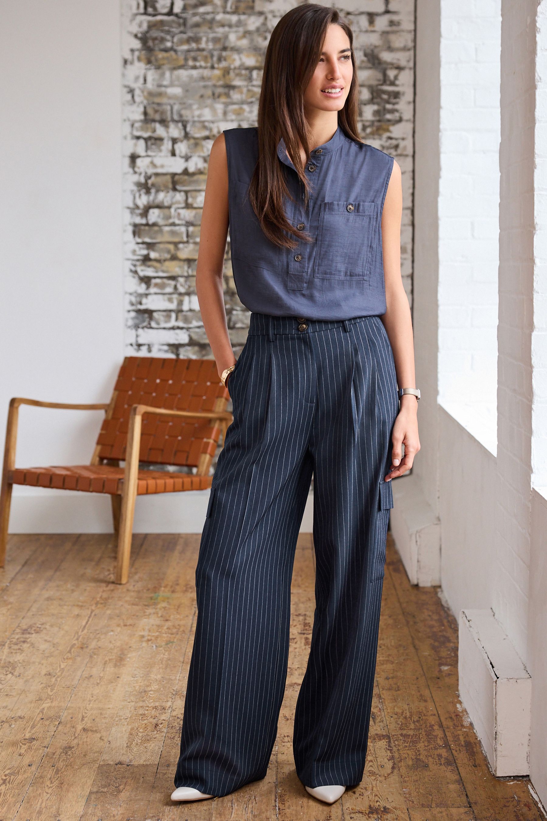 Navy blue and white striped palazzo pants cheap