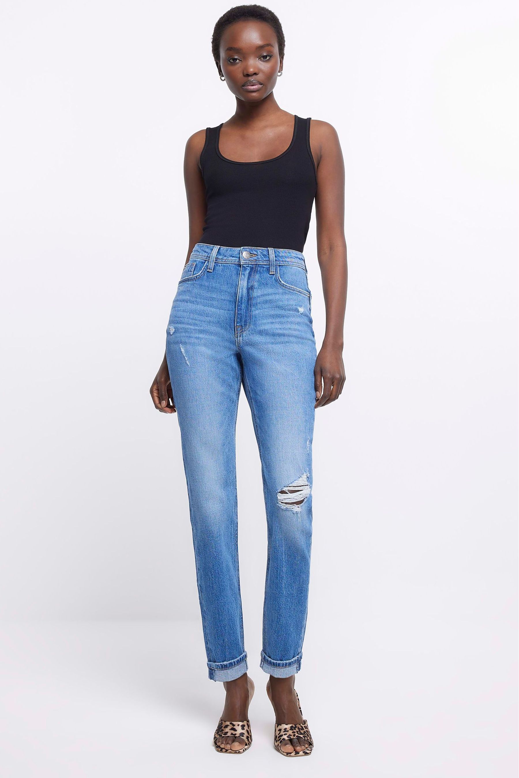 Buy River Island Medium Blue High Rise Mom Jeans from Next Luxembourg