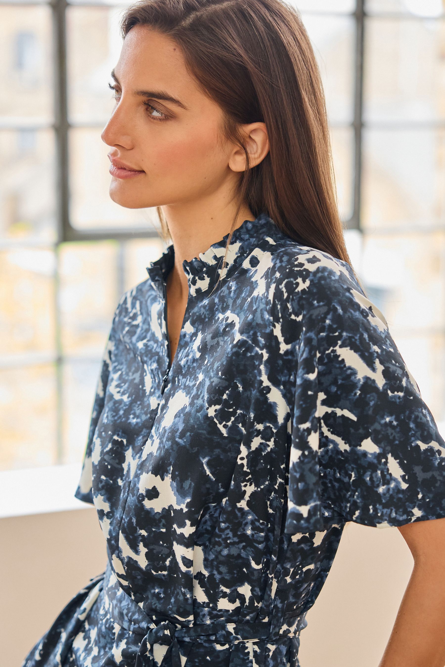 Buy Navy Blue Print Zip Neck Midi Dress from Next Luxembourg