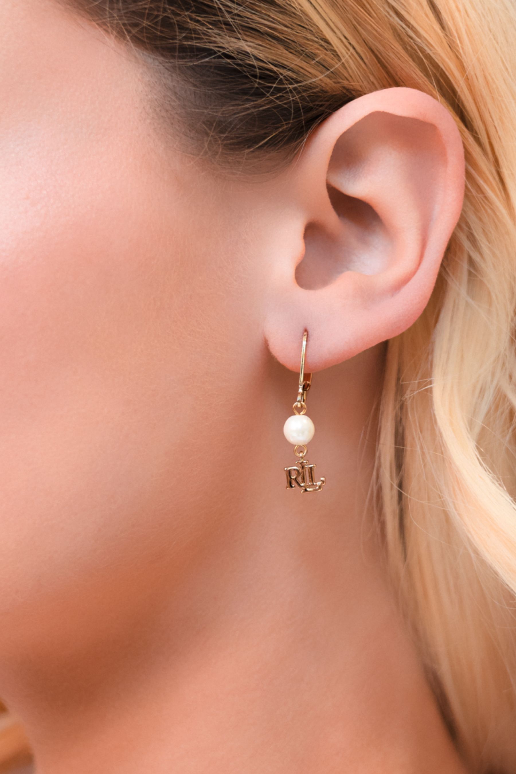 Buy Gold Lauren Ralph Lauren Pearl and Logo Drop Earrings from Next Luxembourg
