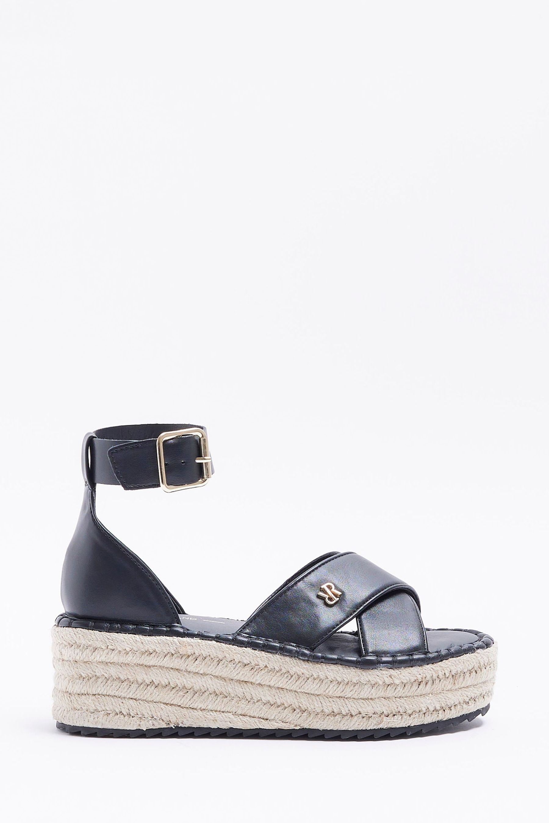 River island flatform espadrille sandals with buckle in black deals