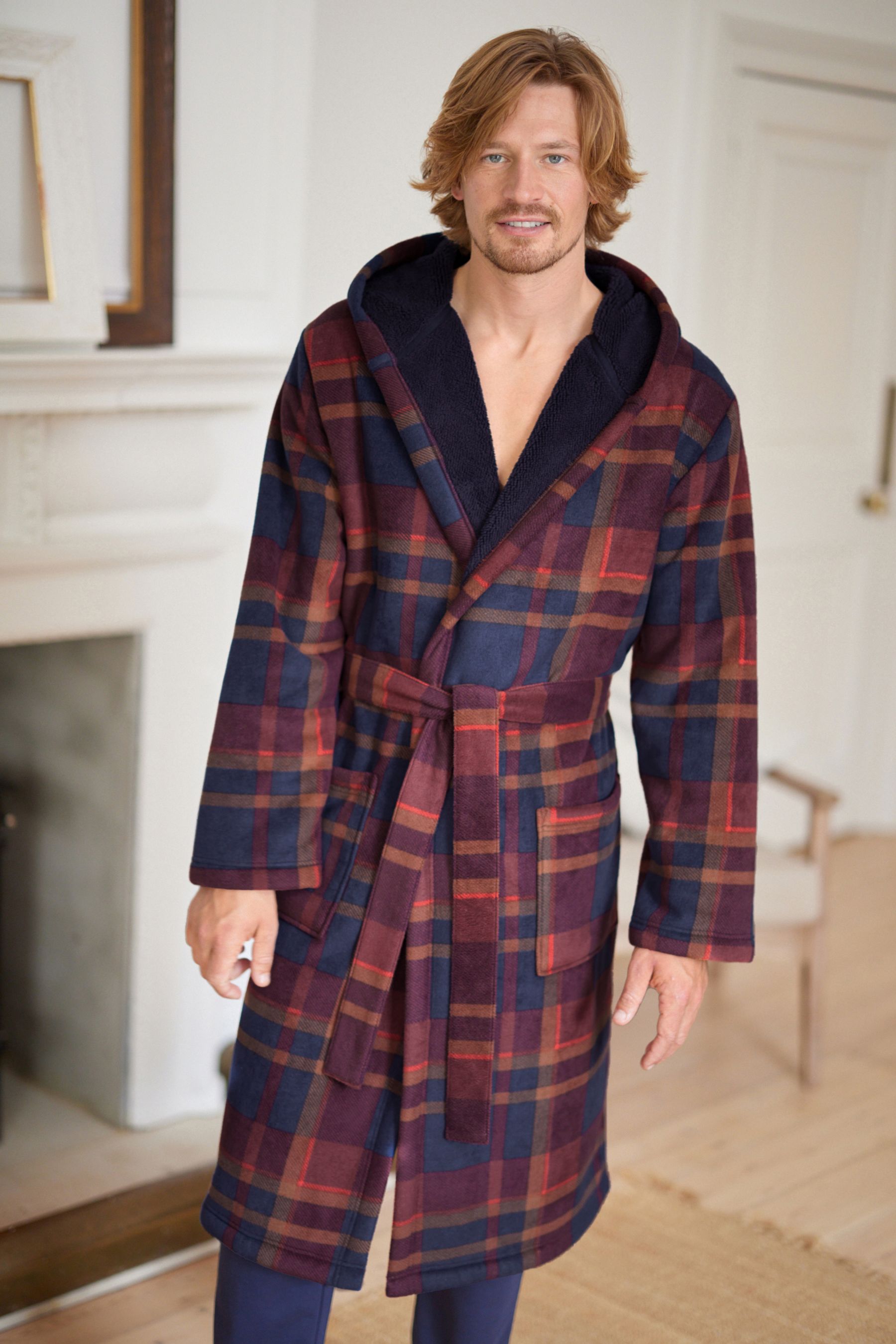 Buy Red Navy Blue Check Signature Borg Lined Dressing Gown from Next Luxembourg