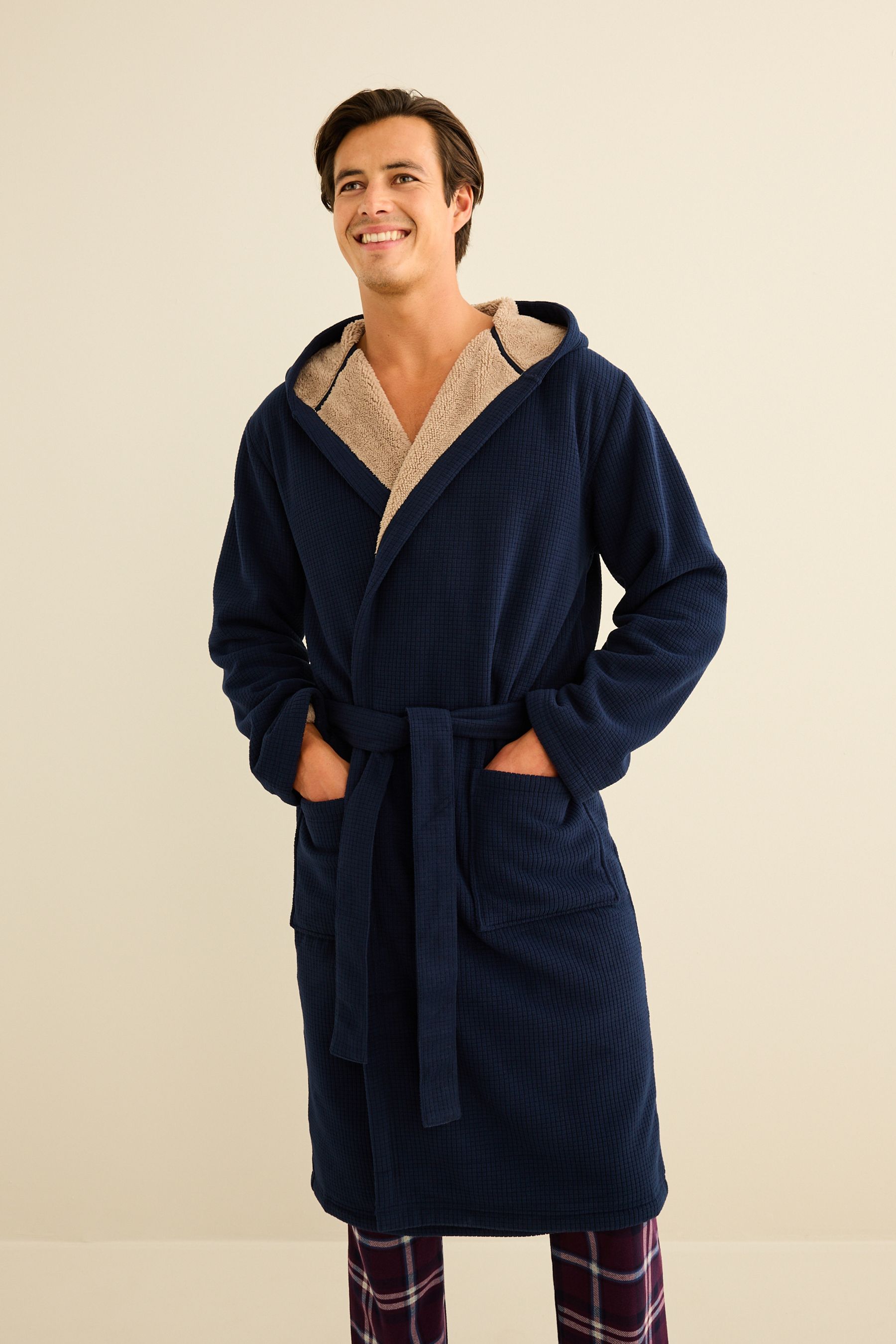 Buy Navy Blue Borg Lined Hooded Dressing Gown from Next Luxembourg