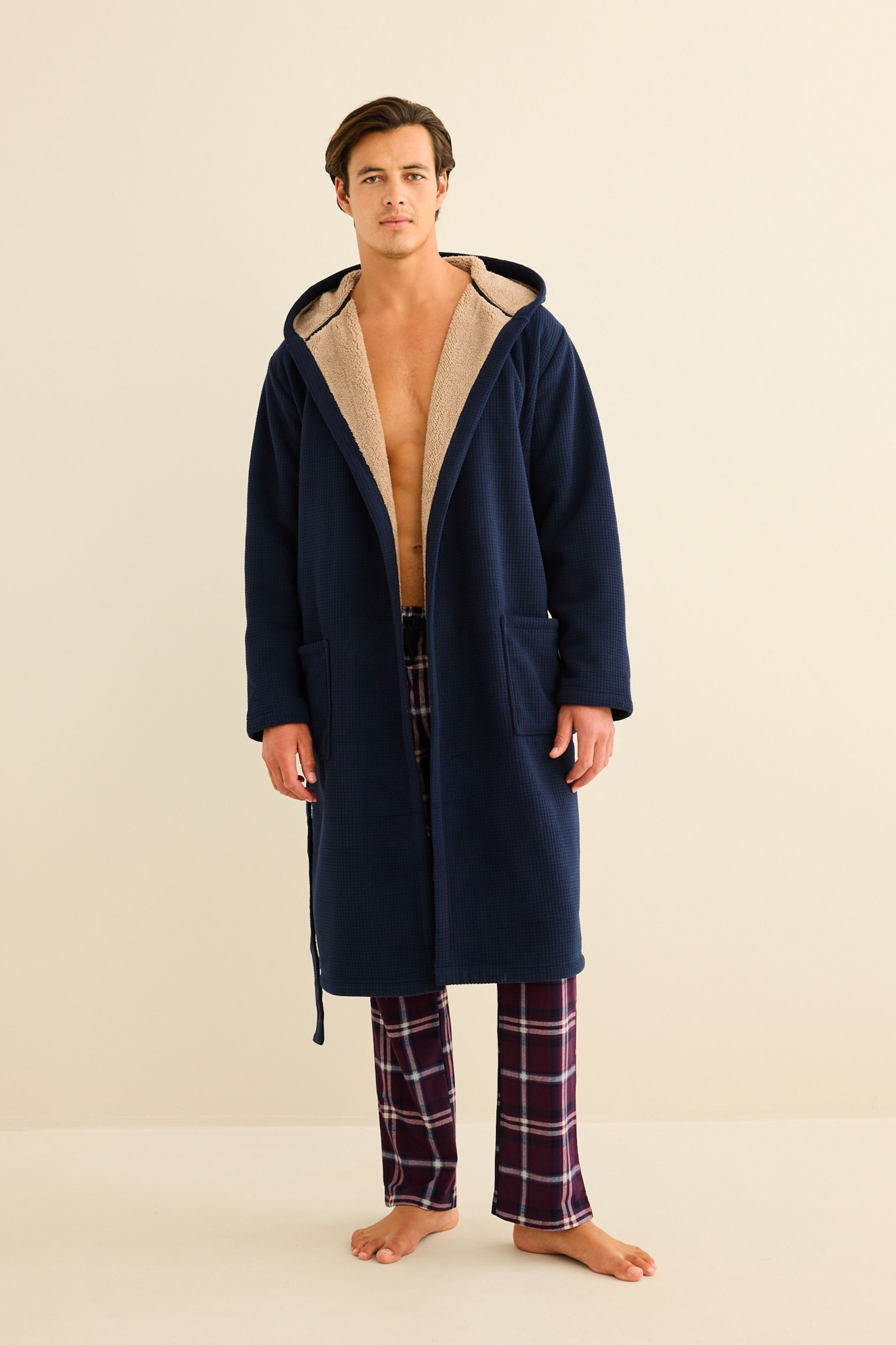Navy Blue Borg Lined Hooded Dressing Gown - Image 2 of 10