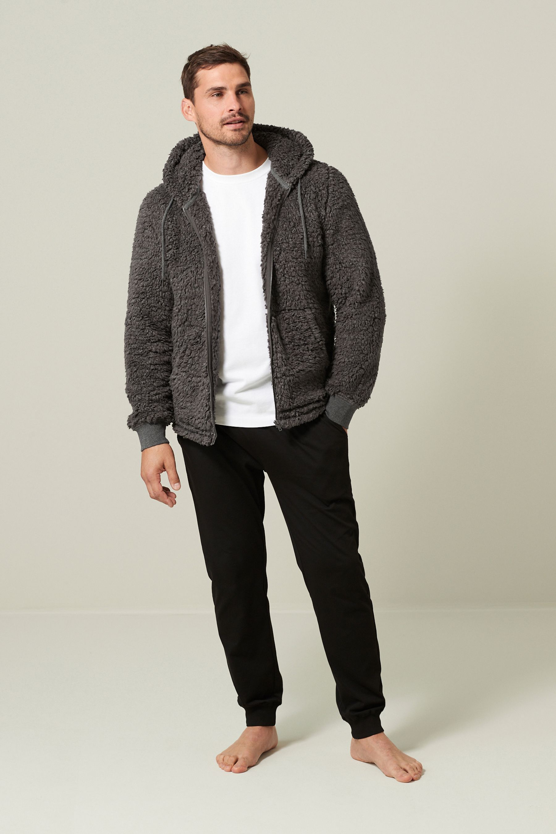 Buy Charcoal Grey Fleece Borg Zip Through Hoodie from Next Belgium