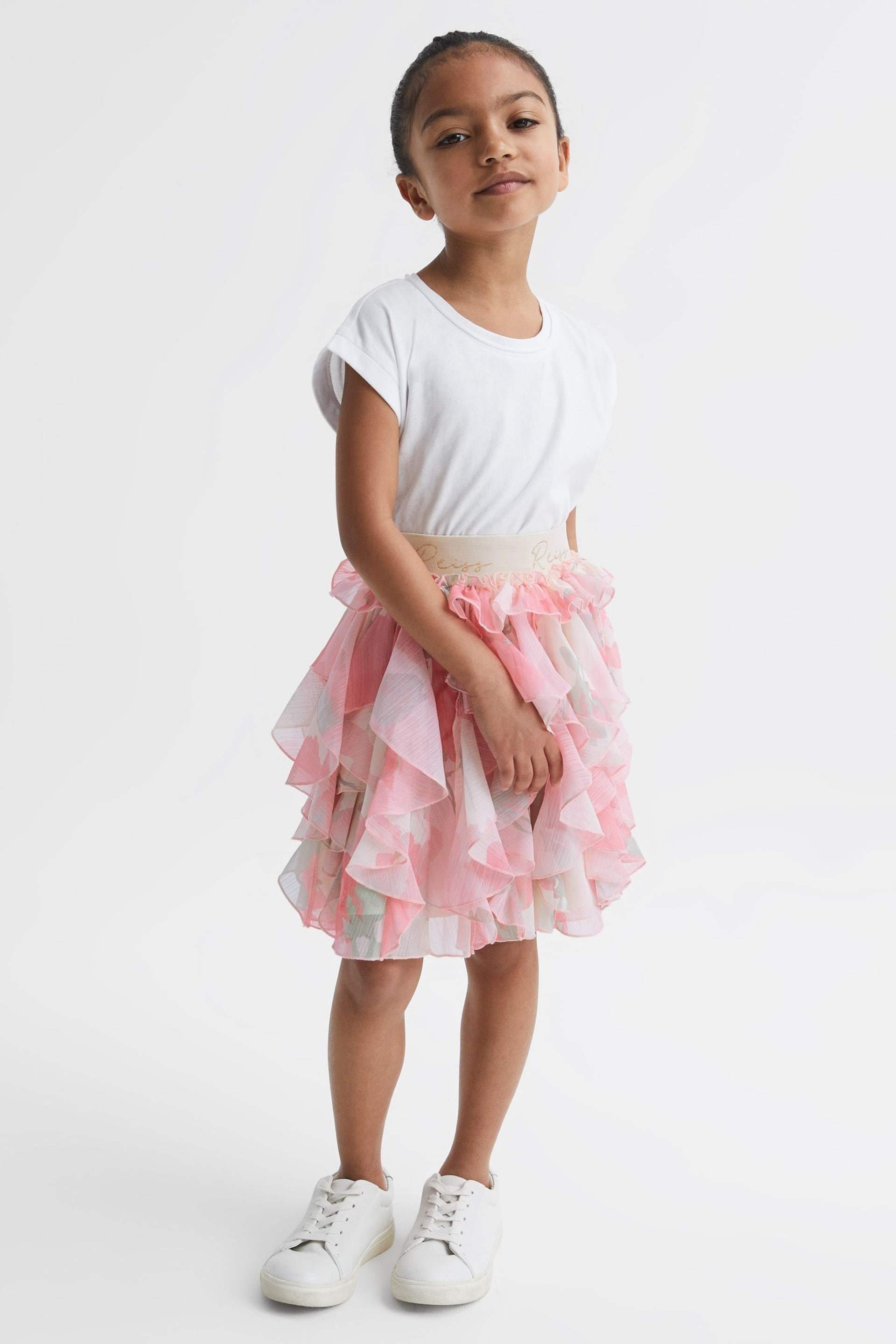 Reiss Pink Print Lola Senior Ruffle Tulle Skirt - Image 3 of 7