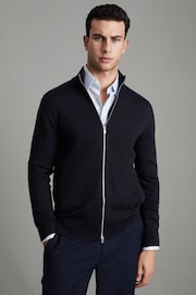 Reiss Navy Hampshire Merino Wool Funnel-Neck Cardigan - Image 1 of 7