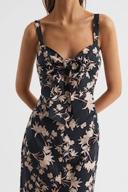 Reiss Black/Blush Aleen Petite Floral Print Linen Midi Dress - Image 4 of 6