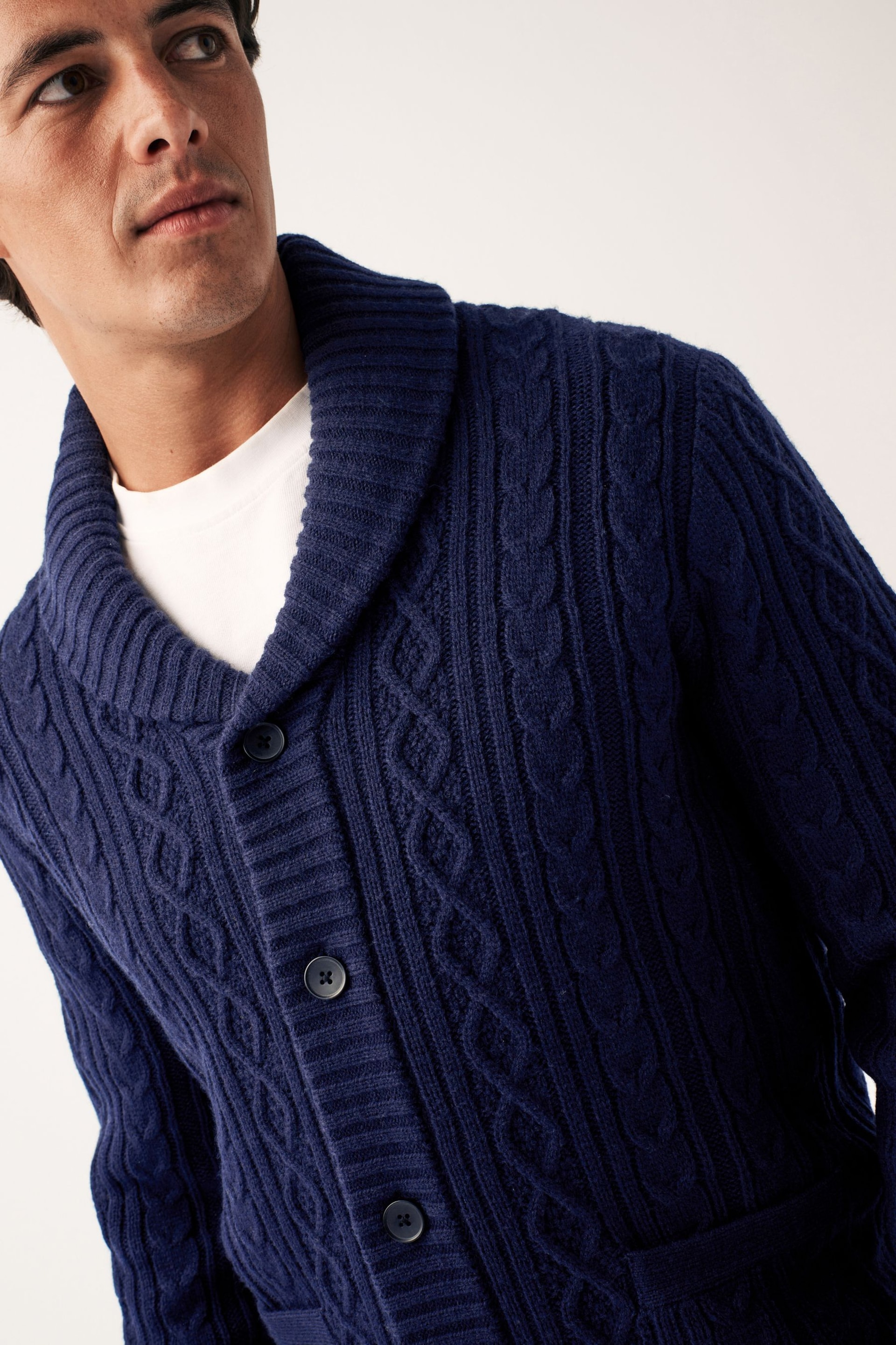 Navy Blue Regular Shawl Cable Knitted Cardigan - Image 1 of 9