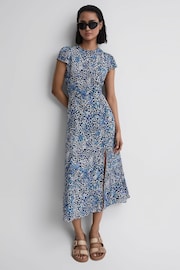 Reiss Blue Livia Printed Cut Out Back Midi Dress - Image 1 of 7