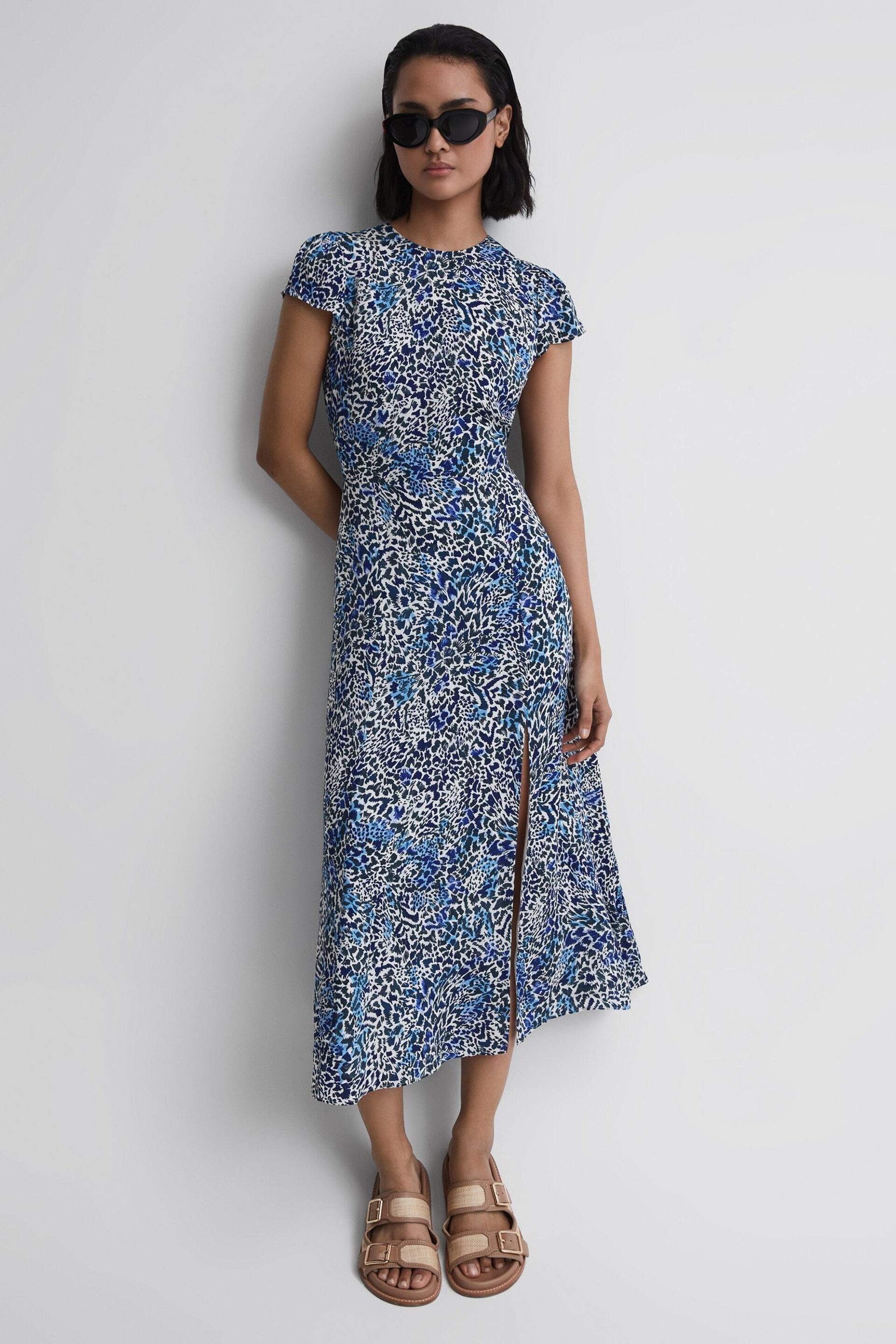 Reiss Blue Livia Printed Cut Out Back Midi Dress - Image 1 of 7