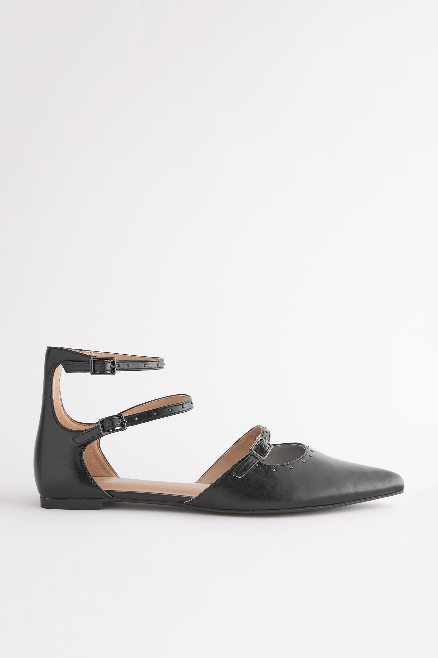 Buy Black Forever Comfort Point Toe Studded Strap Flat Shoes from Next Luxembourg