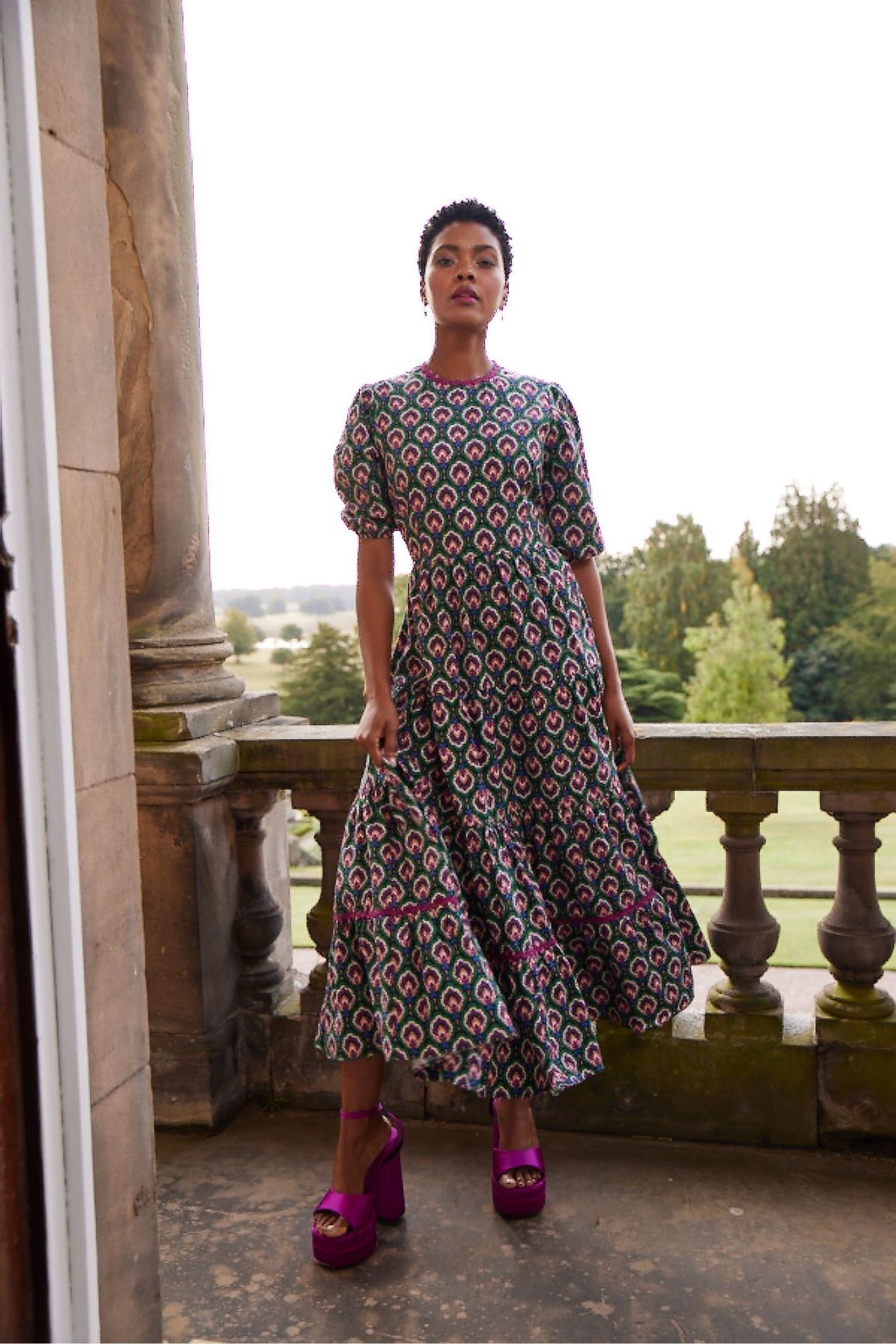 Buy Another Sunday Green Floral Print Poplin Short Puff Sleeve Tiered Smock Midi Dress from the Next UK online shop