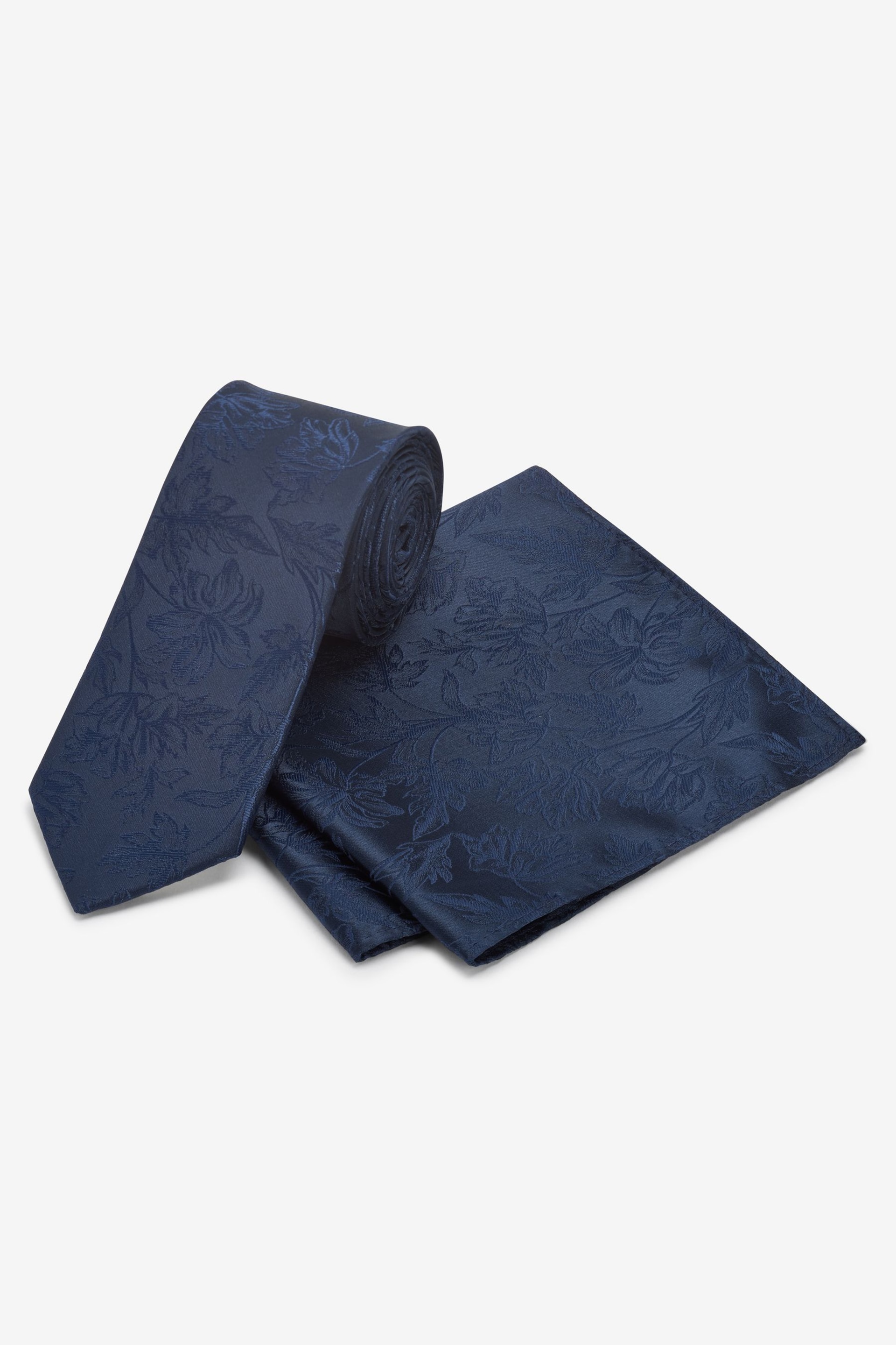 Navy Blue Floral Slim Tie And Pocket Square Set - Image 1 of 4