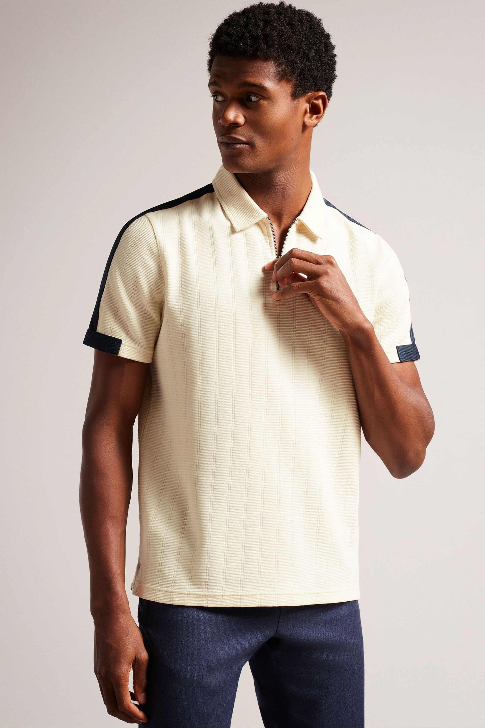 Ted Baker Natural Abloom Short Sleeve Regular Polo Shirt With Zip - Image 1 of 5