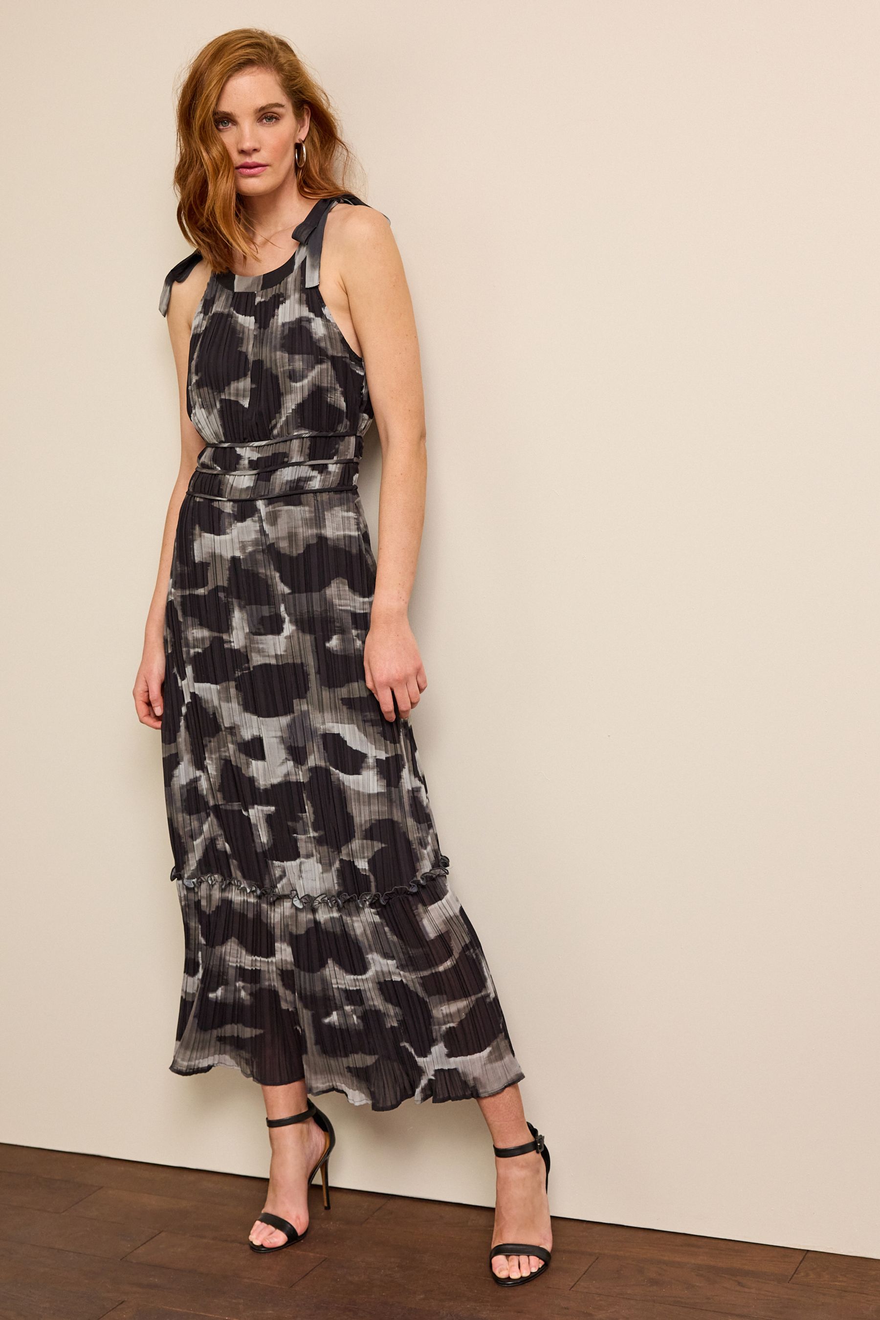 Buy Black and Grey Abstract Animal Print Sleeveless Tie Shoulder Pleated Maxi Dress from Next Luxembourg