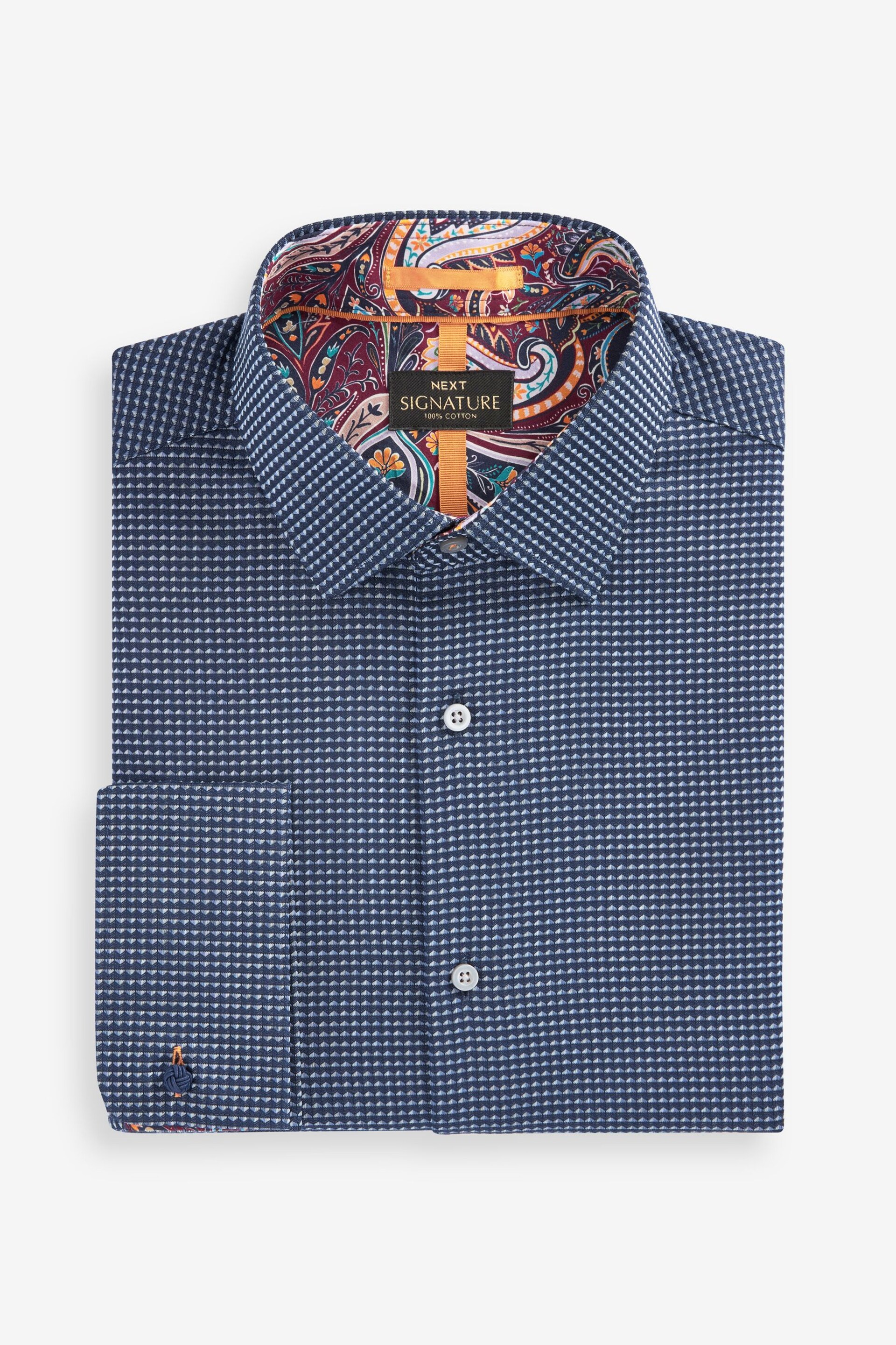 Navy Blue Slim Fit Double Cuff Signature Textured Trimmed Formal Shirt - Image 6 of 9