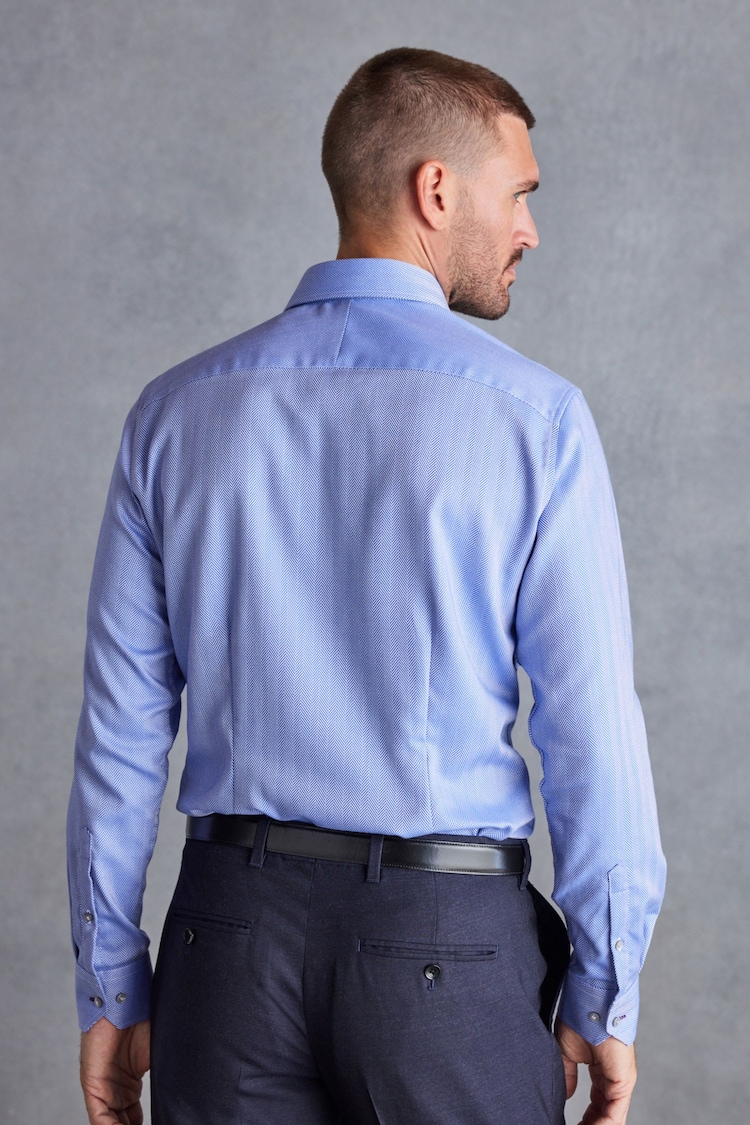 Blue 100% Cotton Herringbone Signature Trimmed Single Cuff Shirt - Image 2 of 10