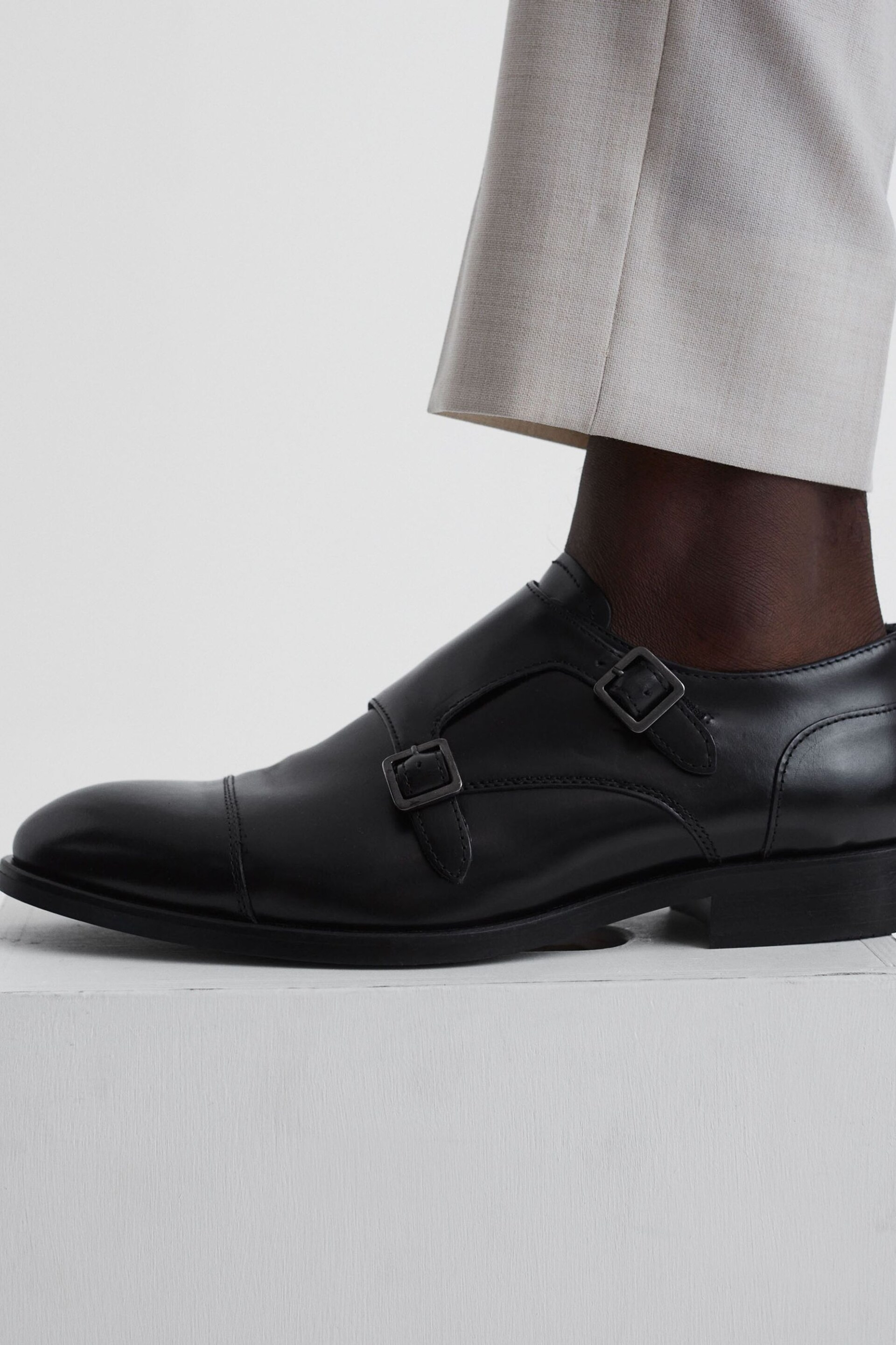 Reiss Black/Gunmetal Rivington Leather Monk Strap Shoes - Image 2 of 6