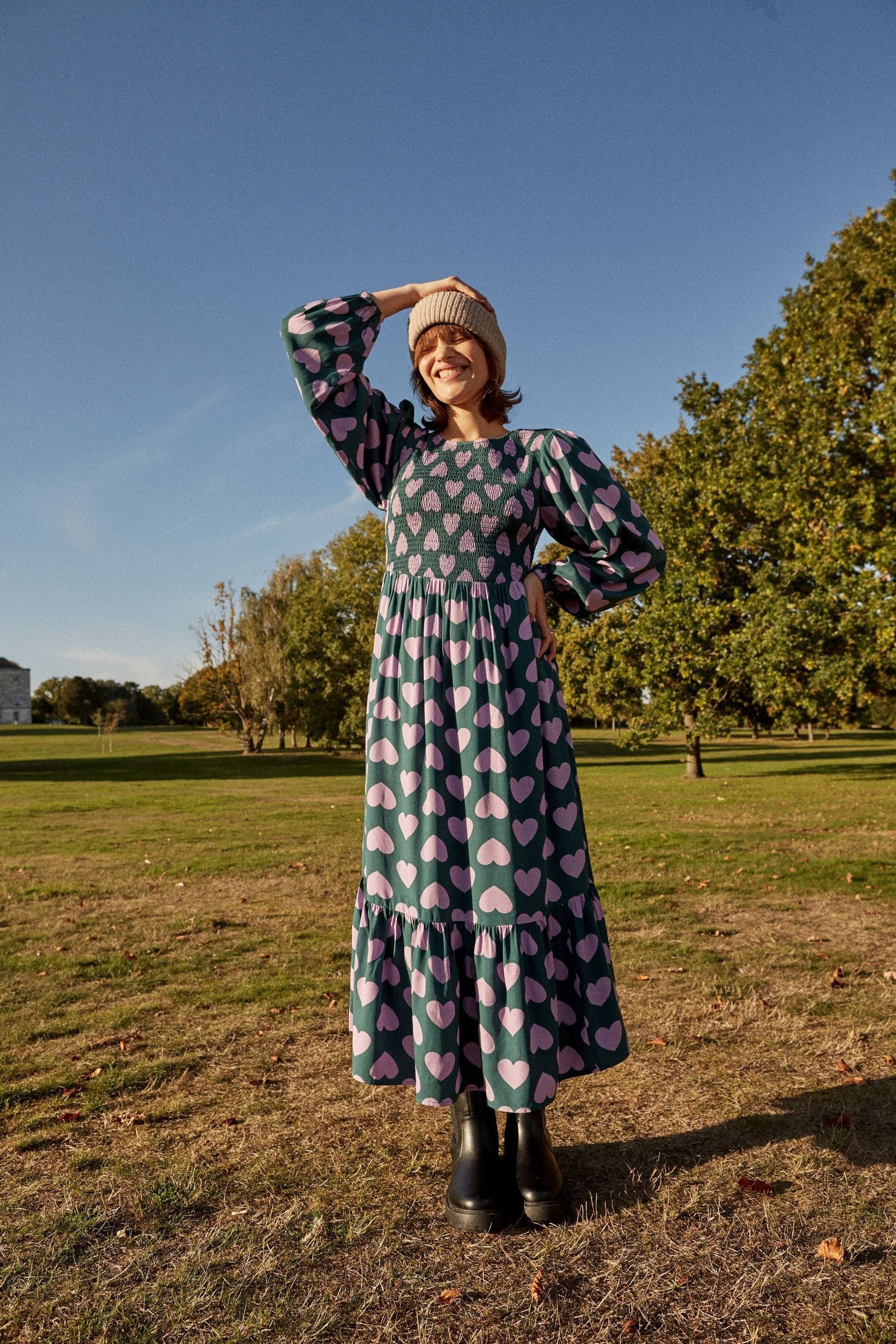 Buy Anorak Green Graphic Heart Shirred Midi Dress from Next Luxembourg