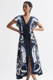 Reiss Navy/White Freja Petite Scarf Printed Midi Dress - Image 1 of 8