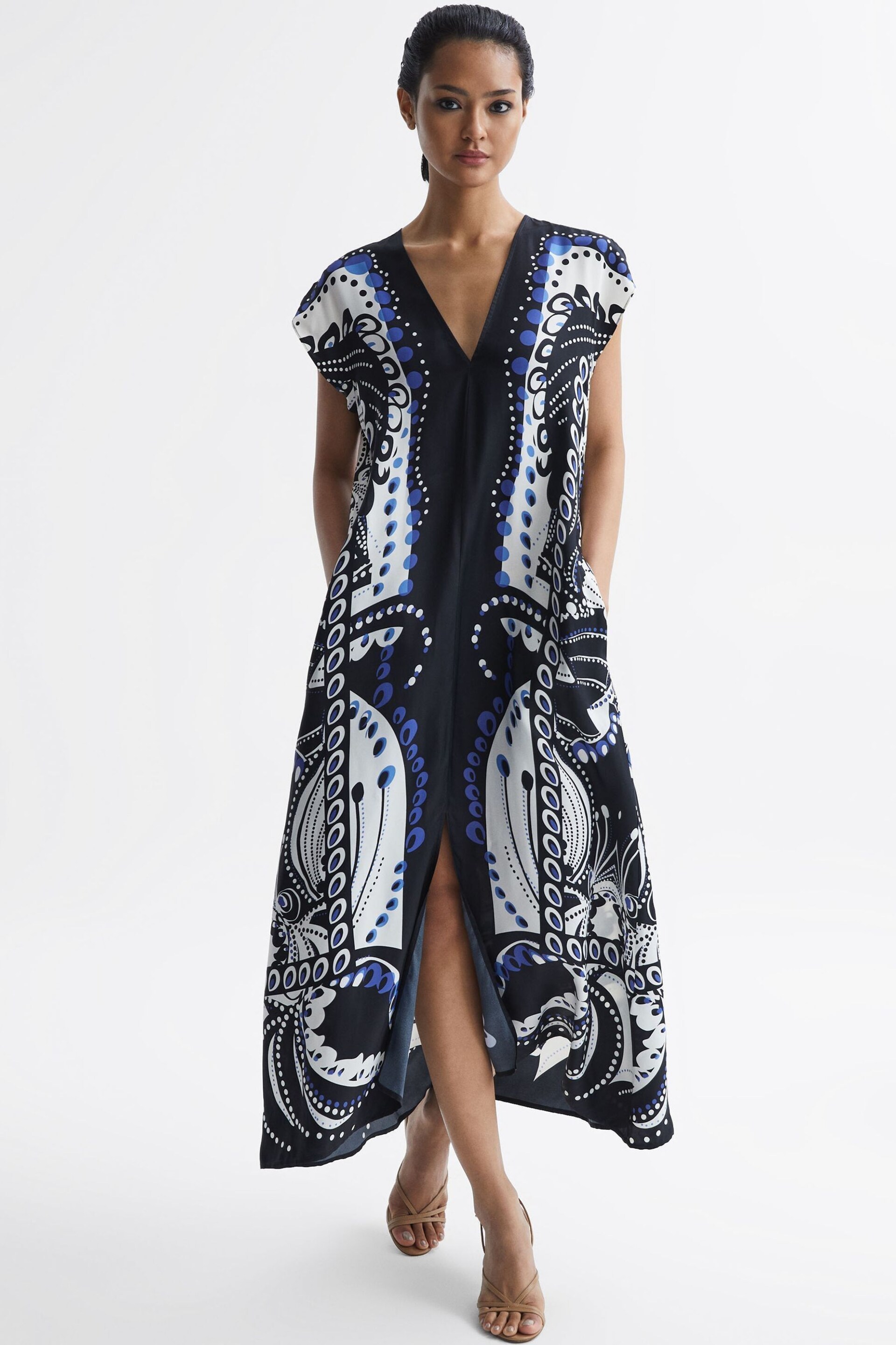 Reiss Navy/White Freja Petite Scarf Printed Midi Dress - Image 6 of 8