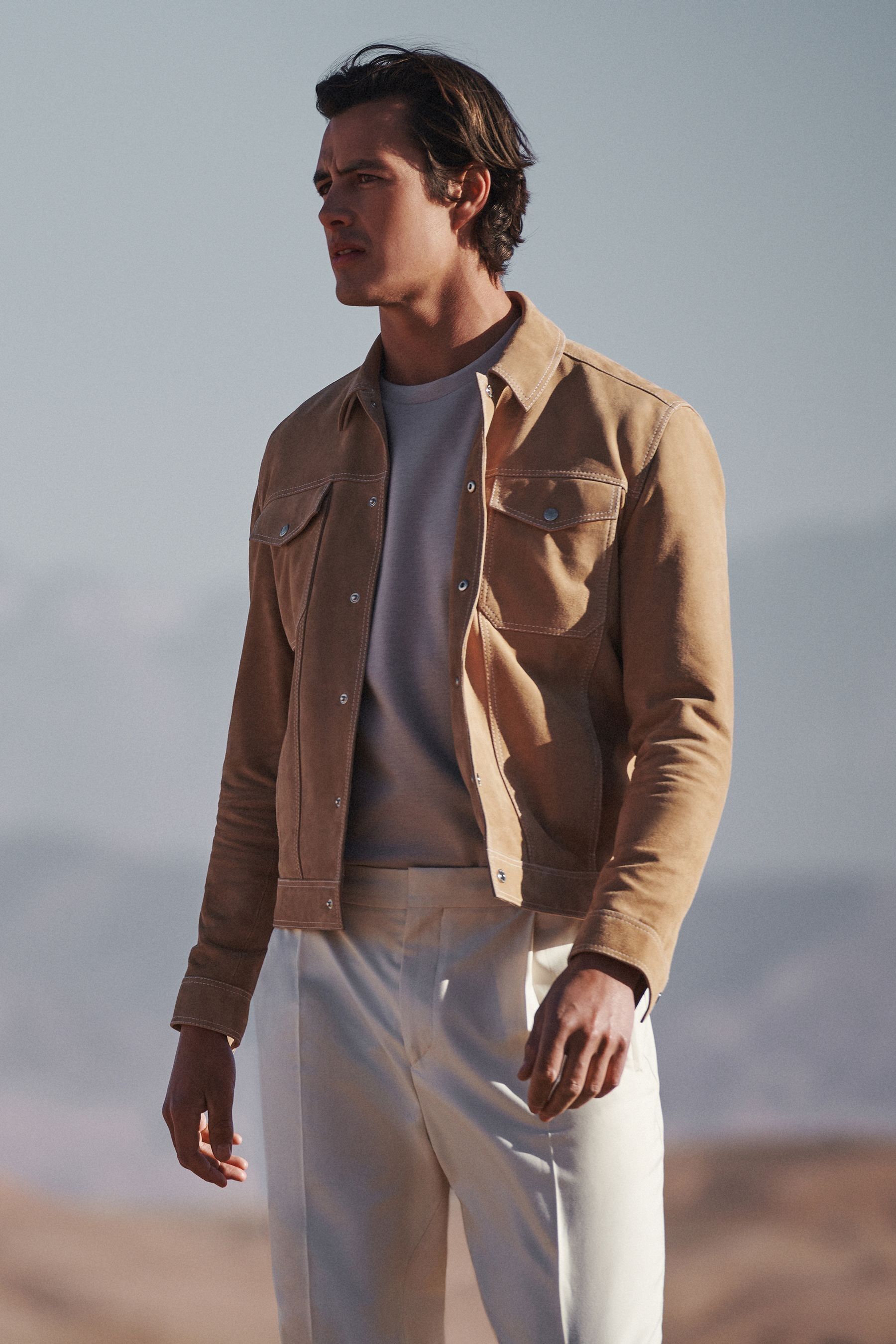 Buy Reiss Sand Noa Suede Button Through Trucker Jacket from Next United Arab Emirates