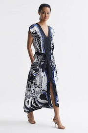 Reiss Navy/White Freja Scarf Printed Midi Dress - Image 1 of 6