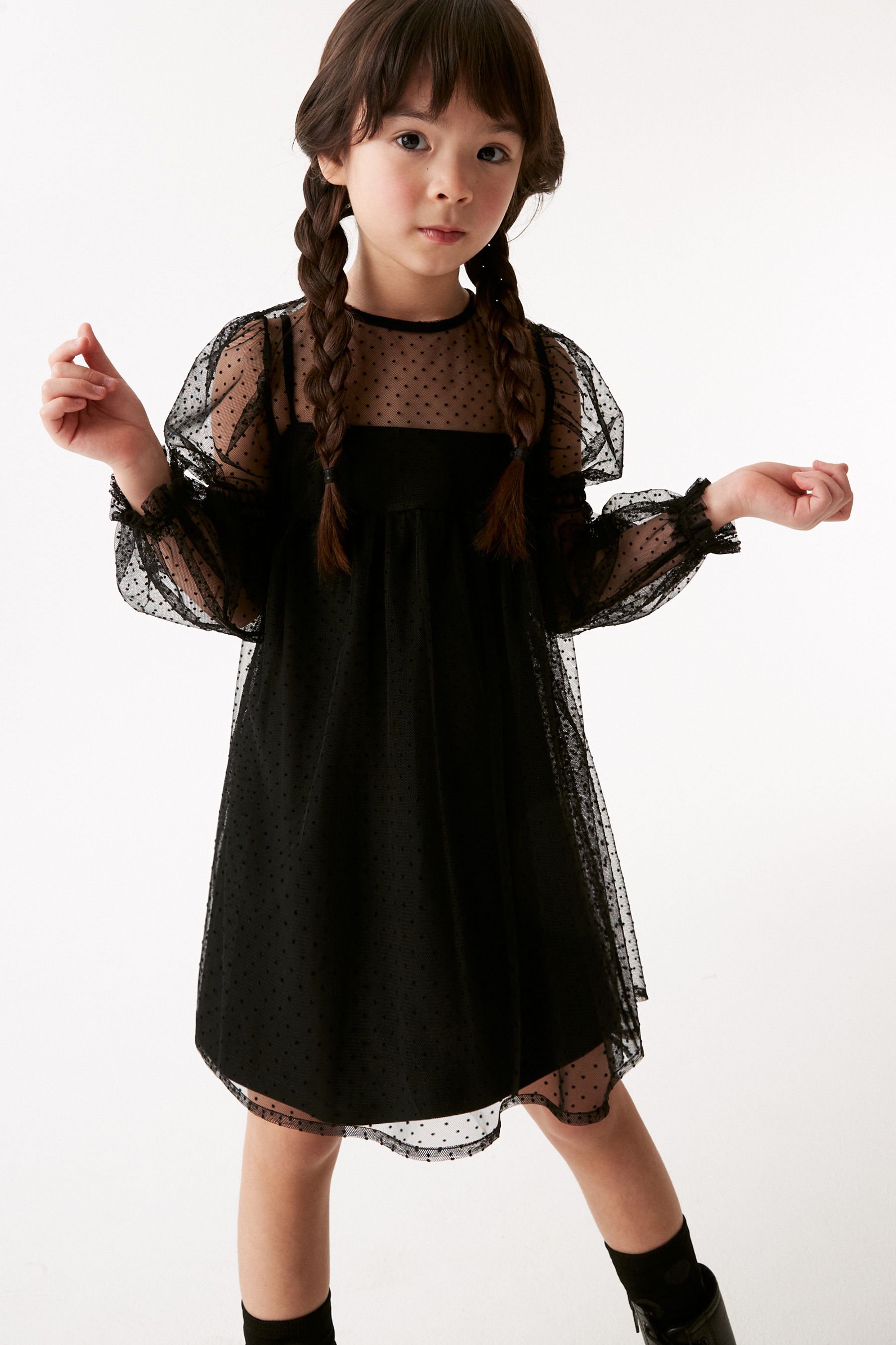 Buy Black Shirred Mesh Dress 3 16yrs from Next Luxembourg