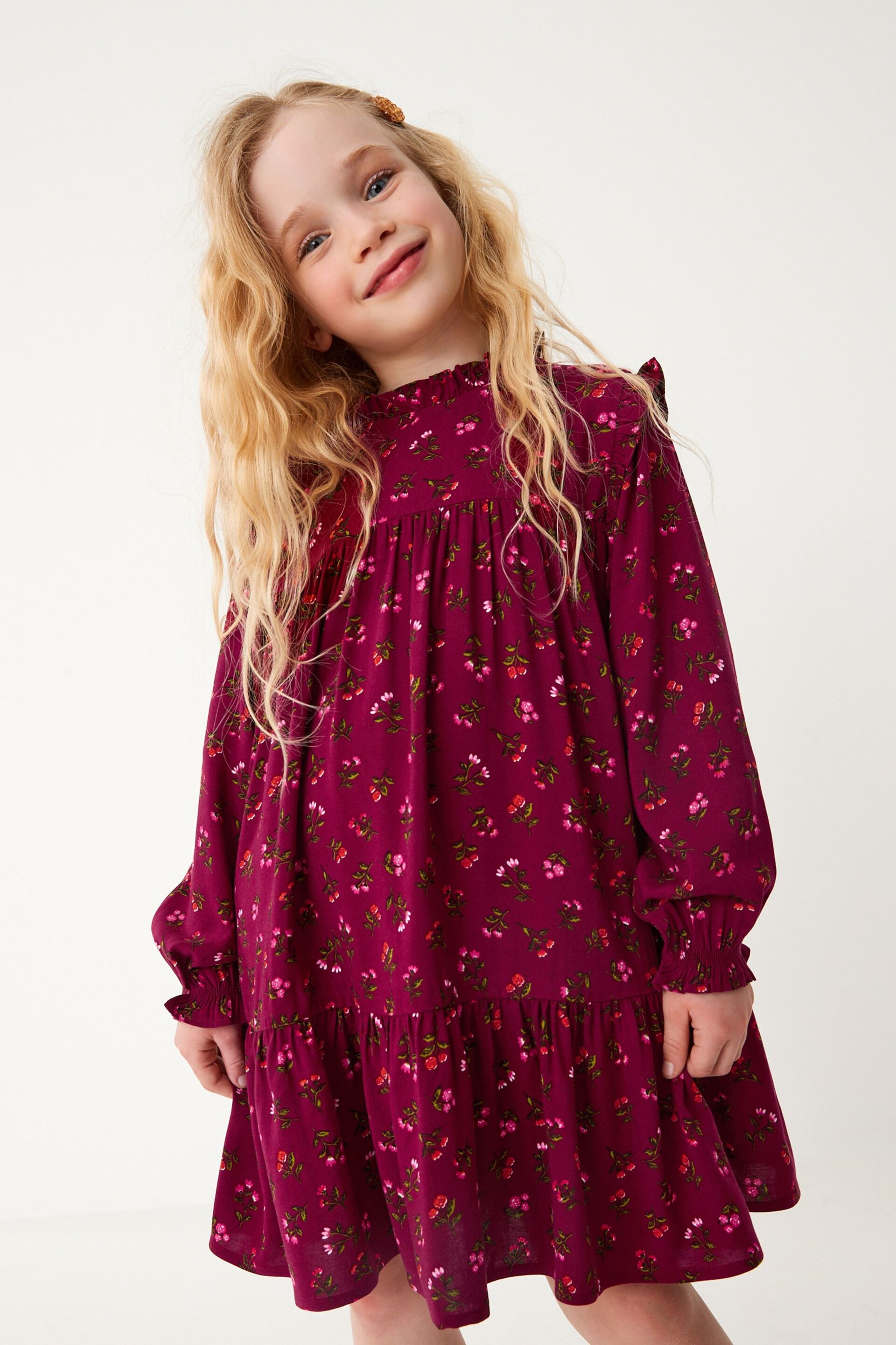 Berry Red Ditsy Print High Neck Long Sleeve Dress (12mths-16yrs) - Image 1 of 5