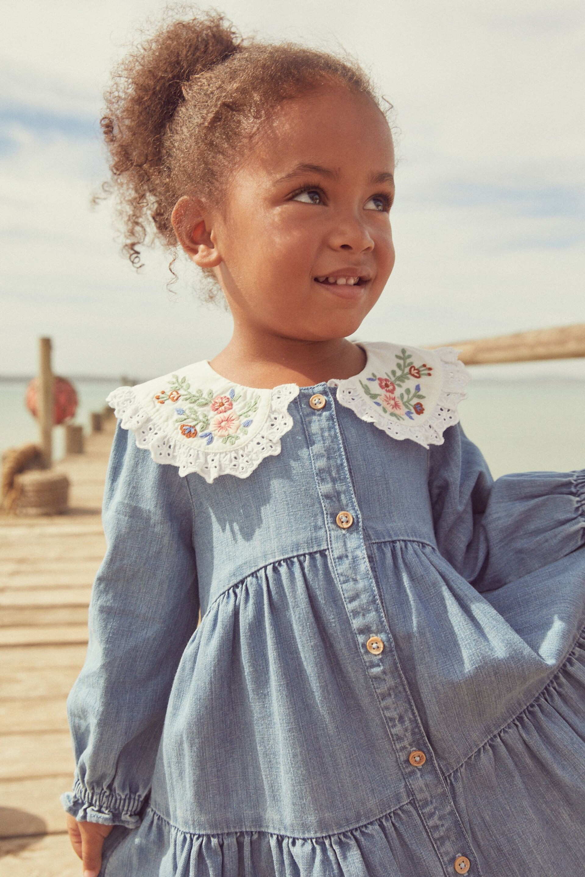 Blue Denim Embroidered Collar Dress (3mths-7yrs) - Image 4 of 6