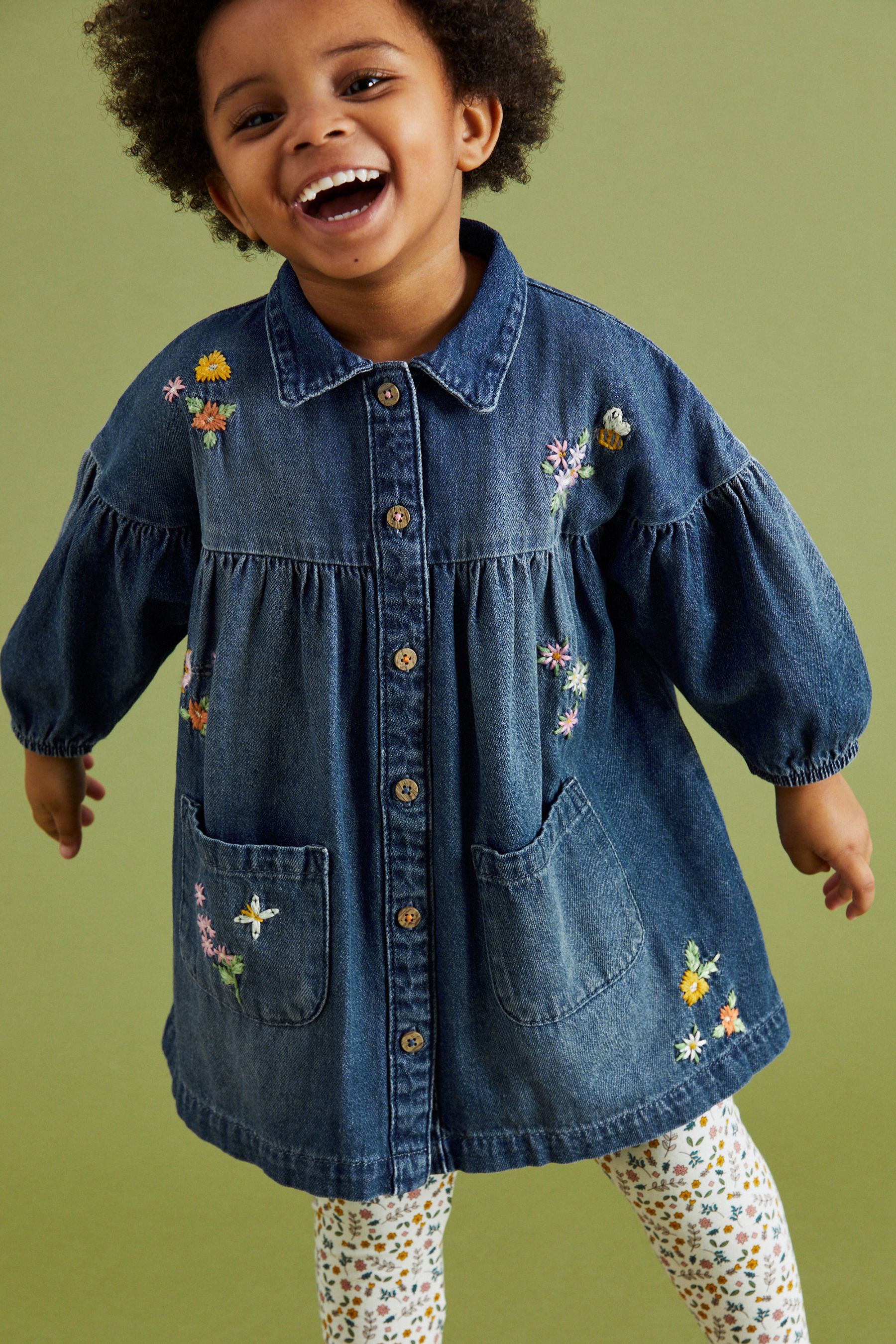 Buy Blue Denim Floral Embroidered Dress And Leggings Set 3mths 7yrs from Next Luxembourg
